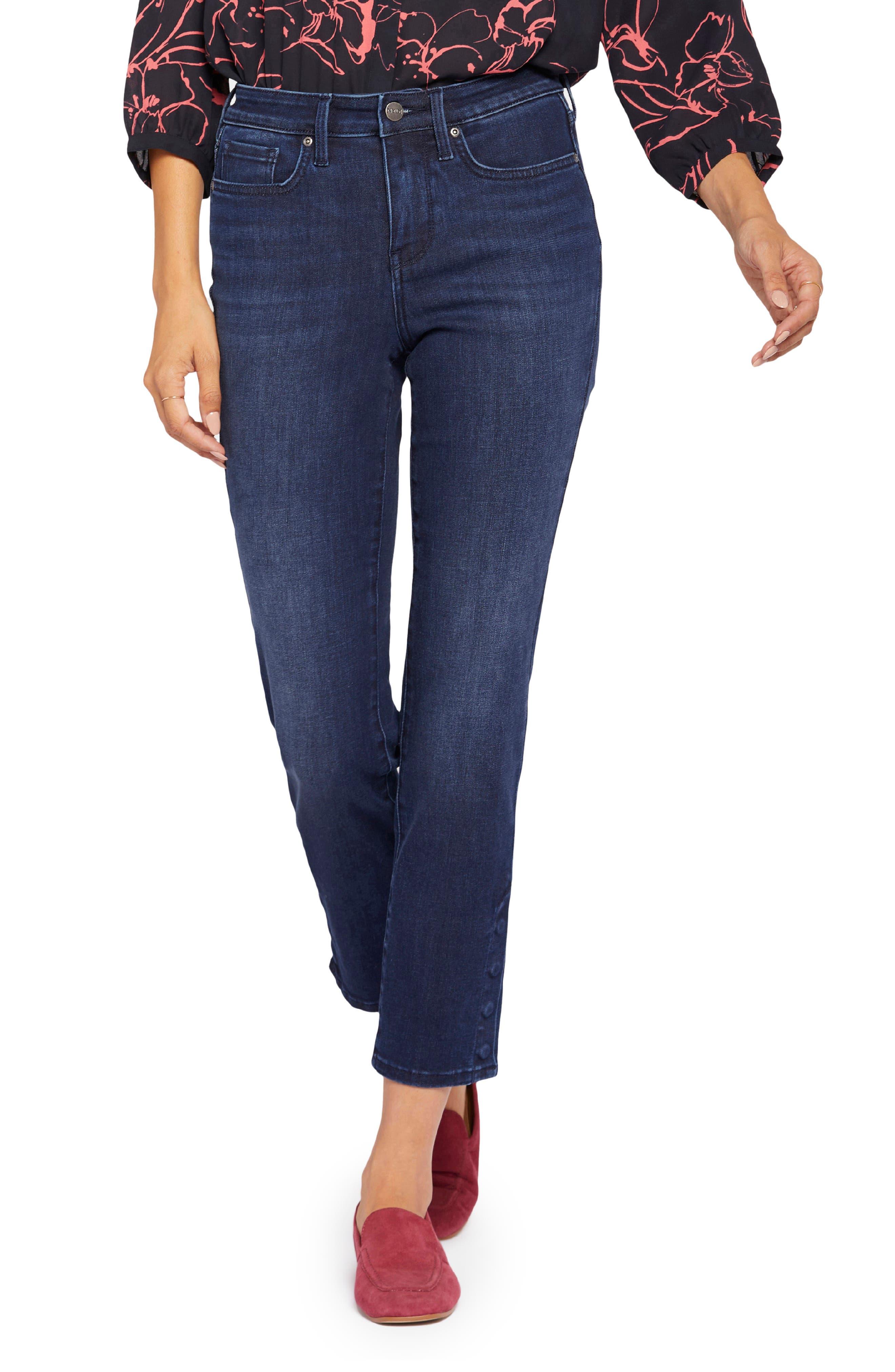 NYDJ Sheri Button Hem Ankle Slim Jeans in Blue | Lyst