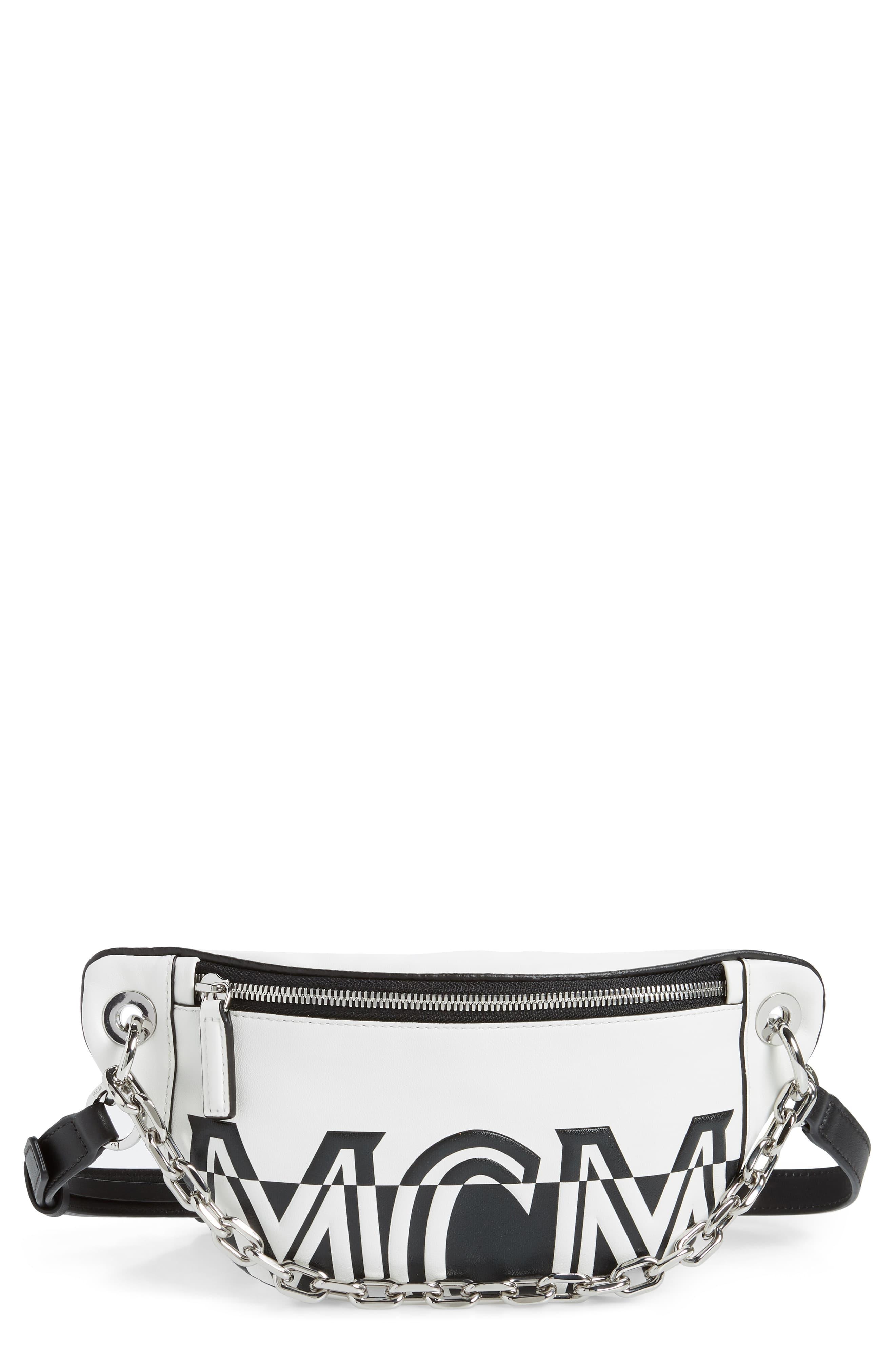 MCM Leather Logo Print Belt Bag in White - Lyst