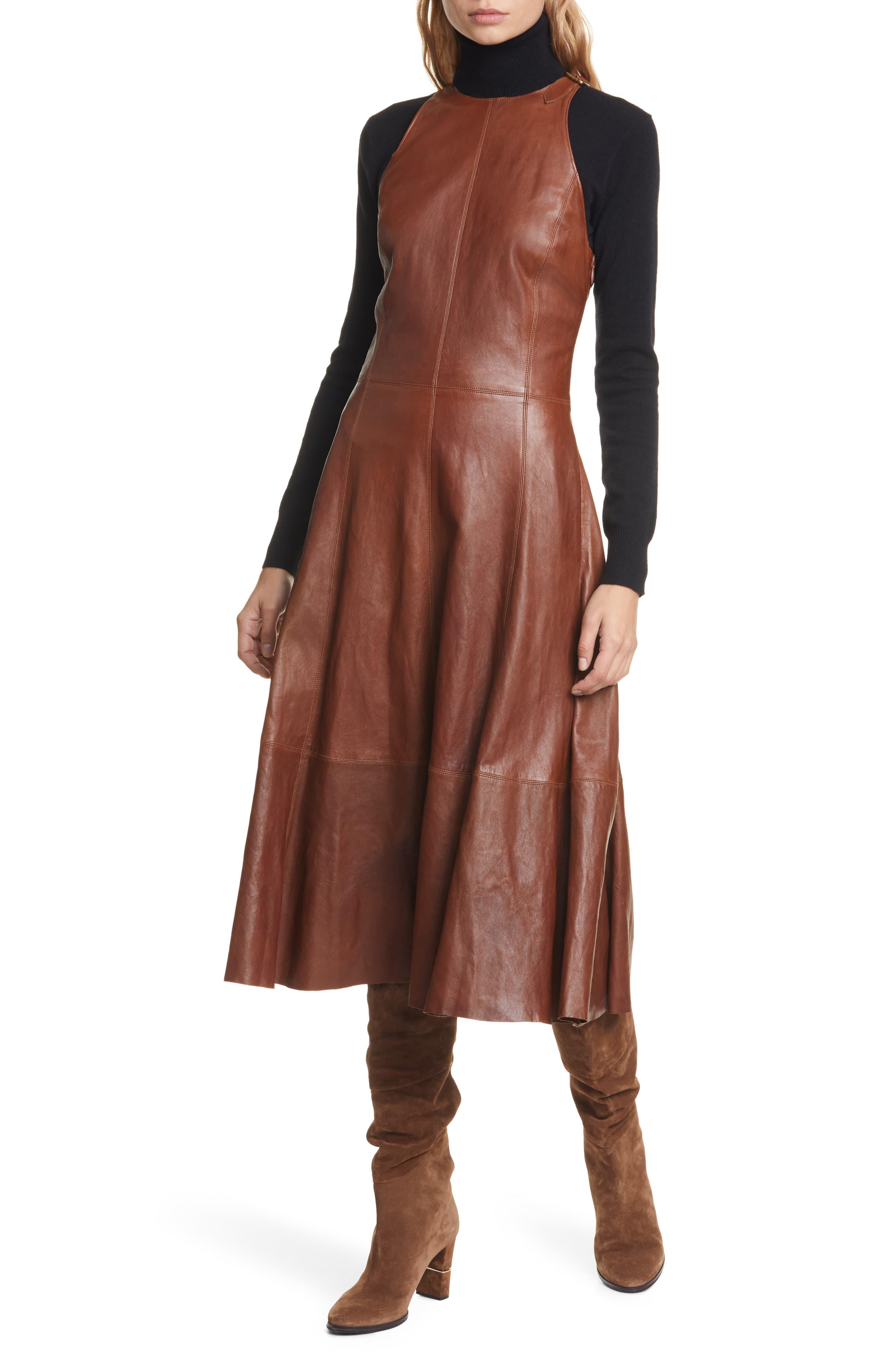 Polo Ralph Lauren Leather Sleeveless Fit & Flare Dress in Brown Lyst
