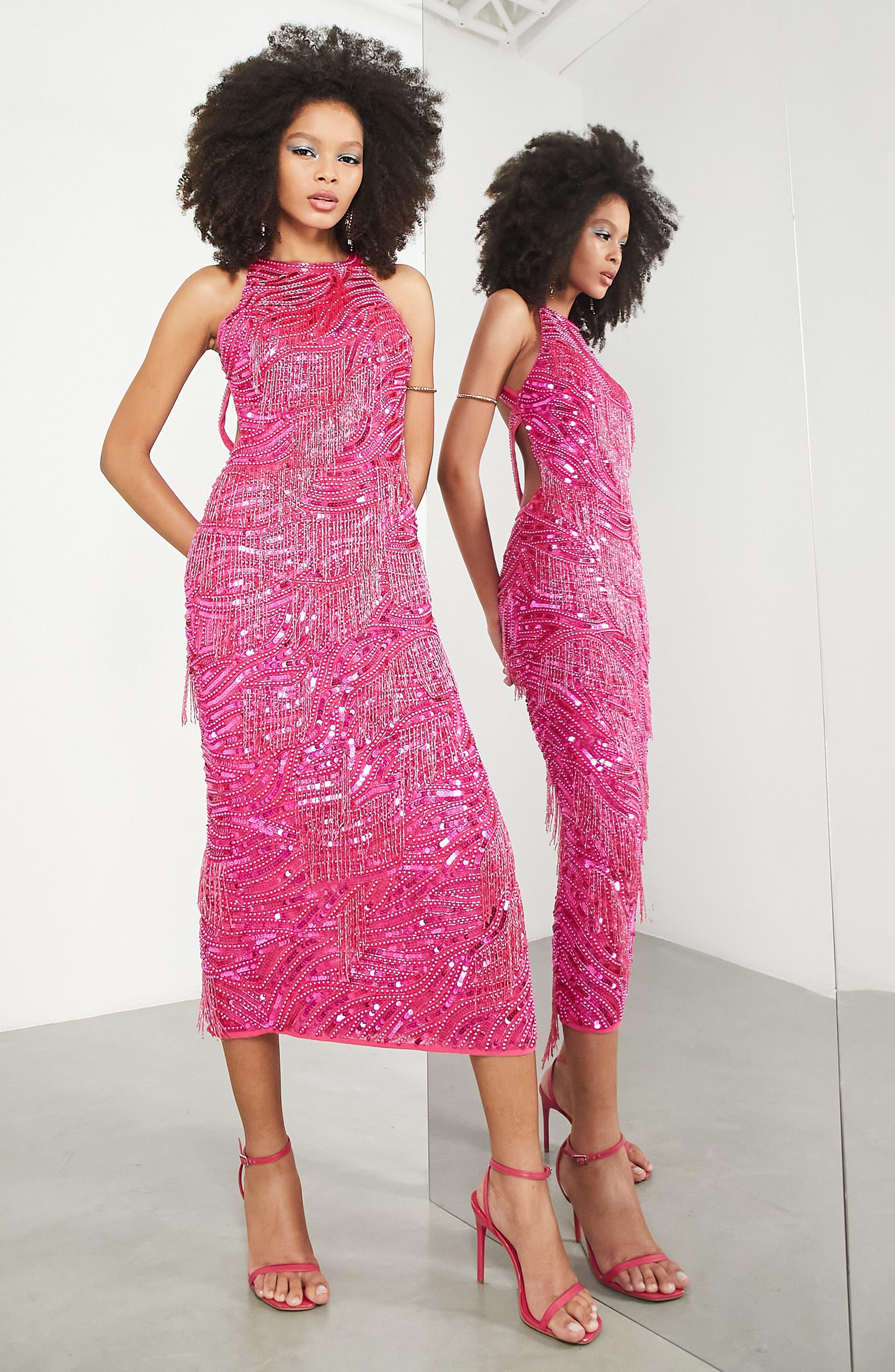 ASOS Edition Sequin Beaded Fringe Cocktail Dress in Pink | Lyst