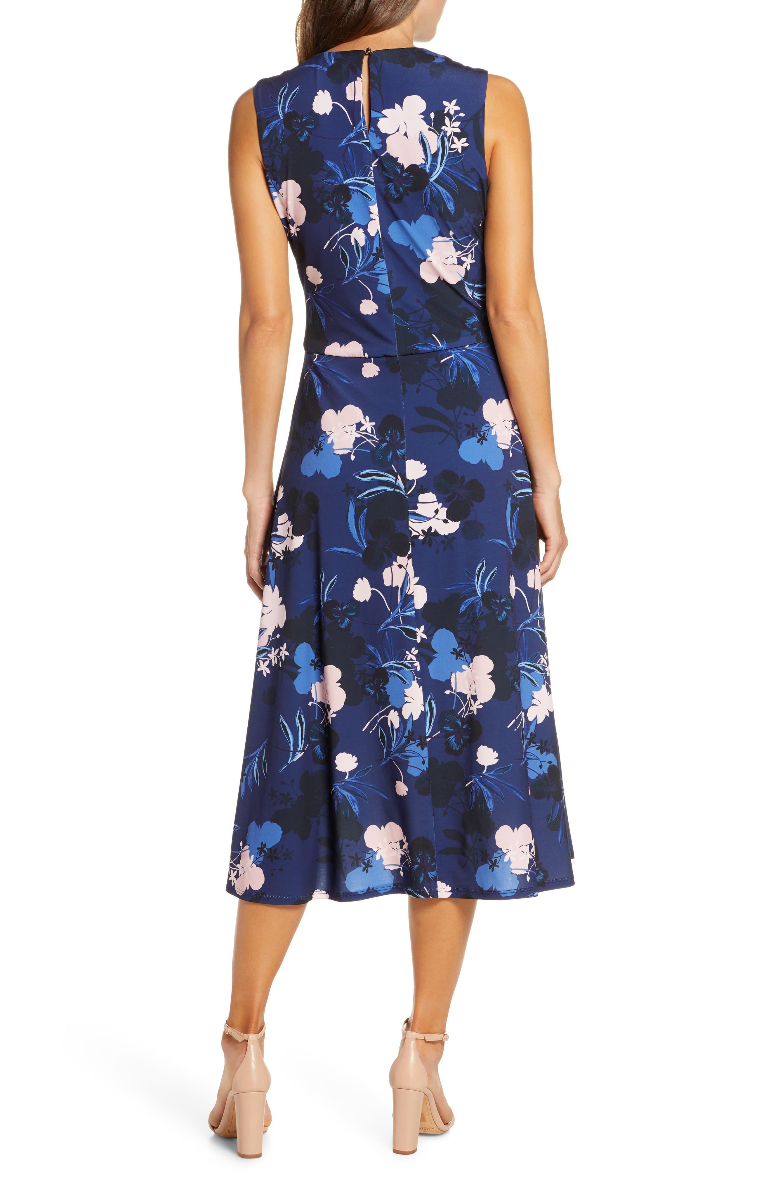 Vince Camuto Floral Twist Front Sleeveless Midi Dress in Blue - Lyst