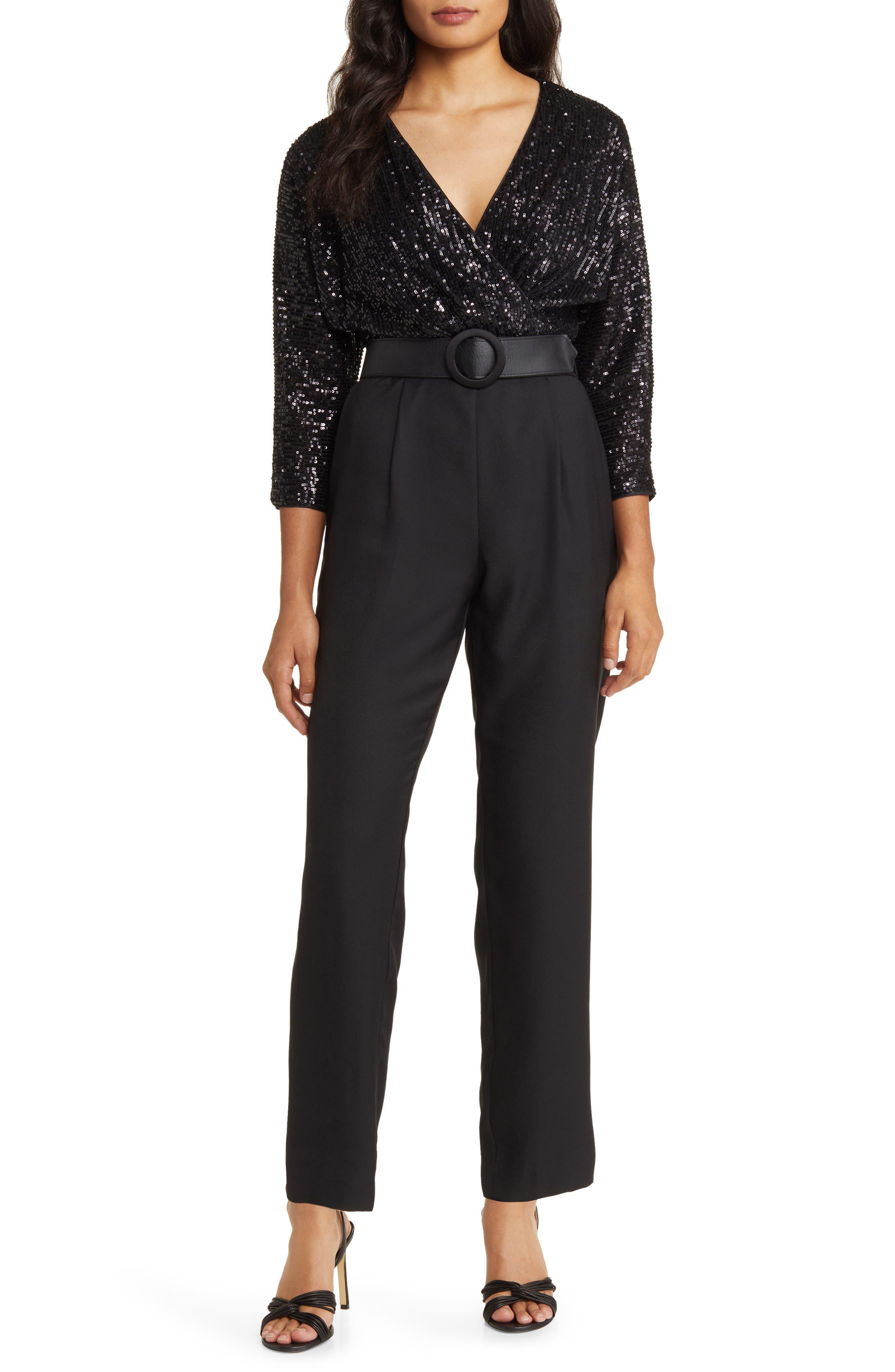 Eliza J Sequin Bodice Mixed Media Jumpsuit in Black Lyst