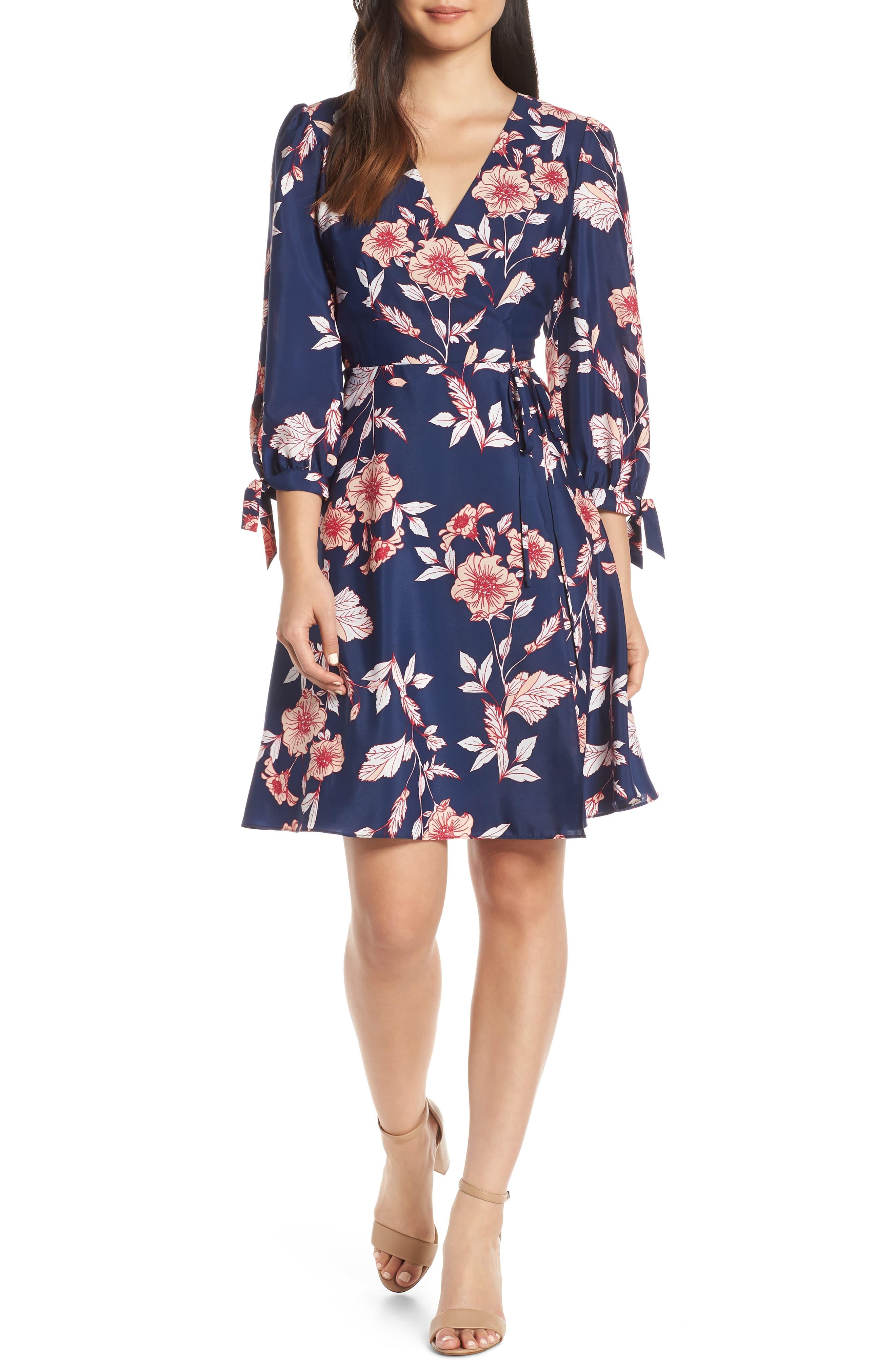 eliza j floral ruched chiffon faux wrap dress