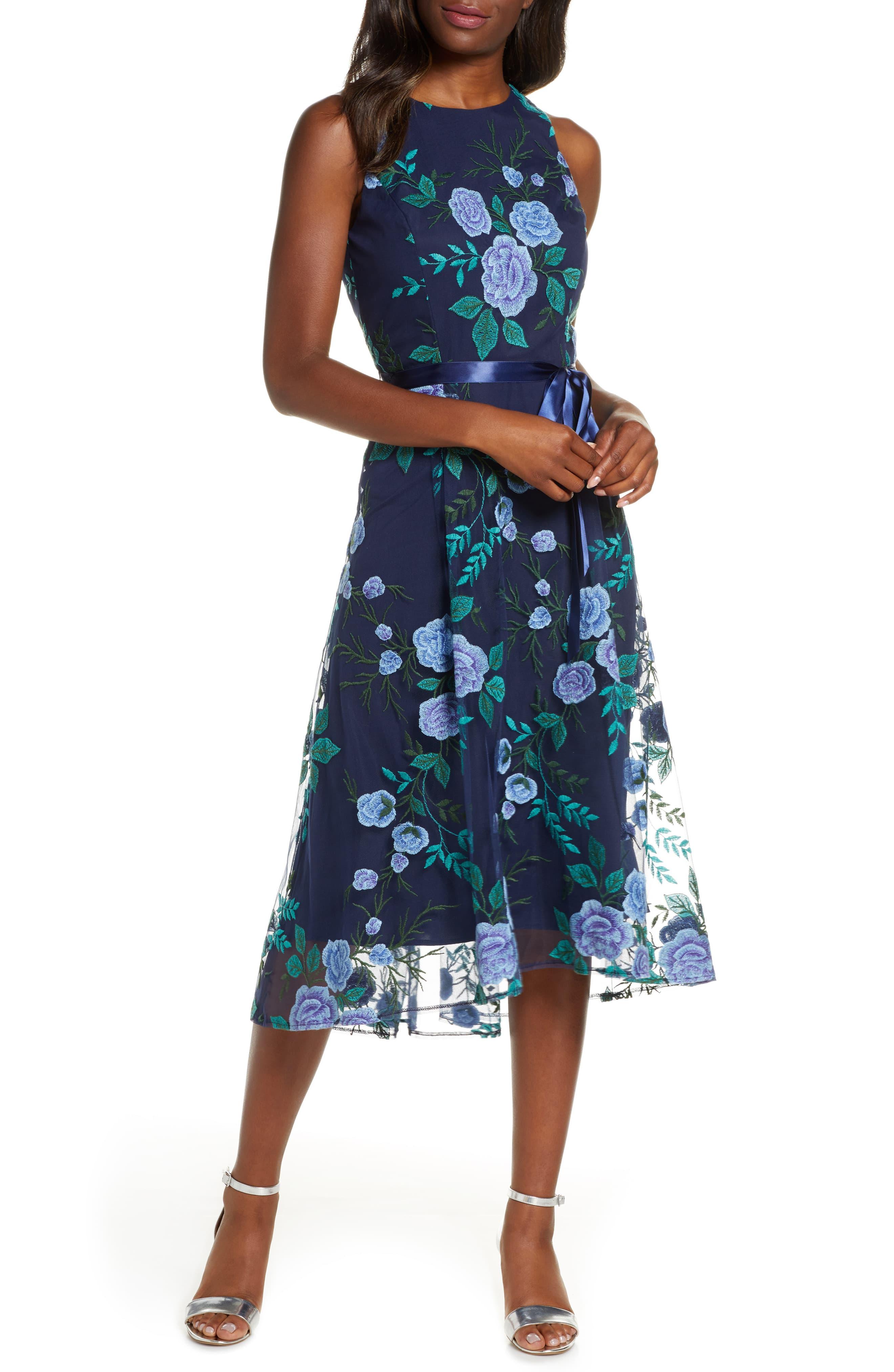 Tahari Floral Embroidered Mesh Midi Dress in Navy Blue Green (Blue) Lyst