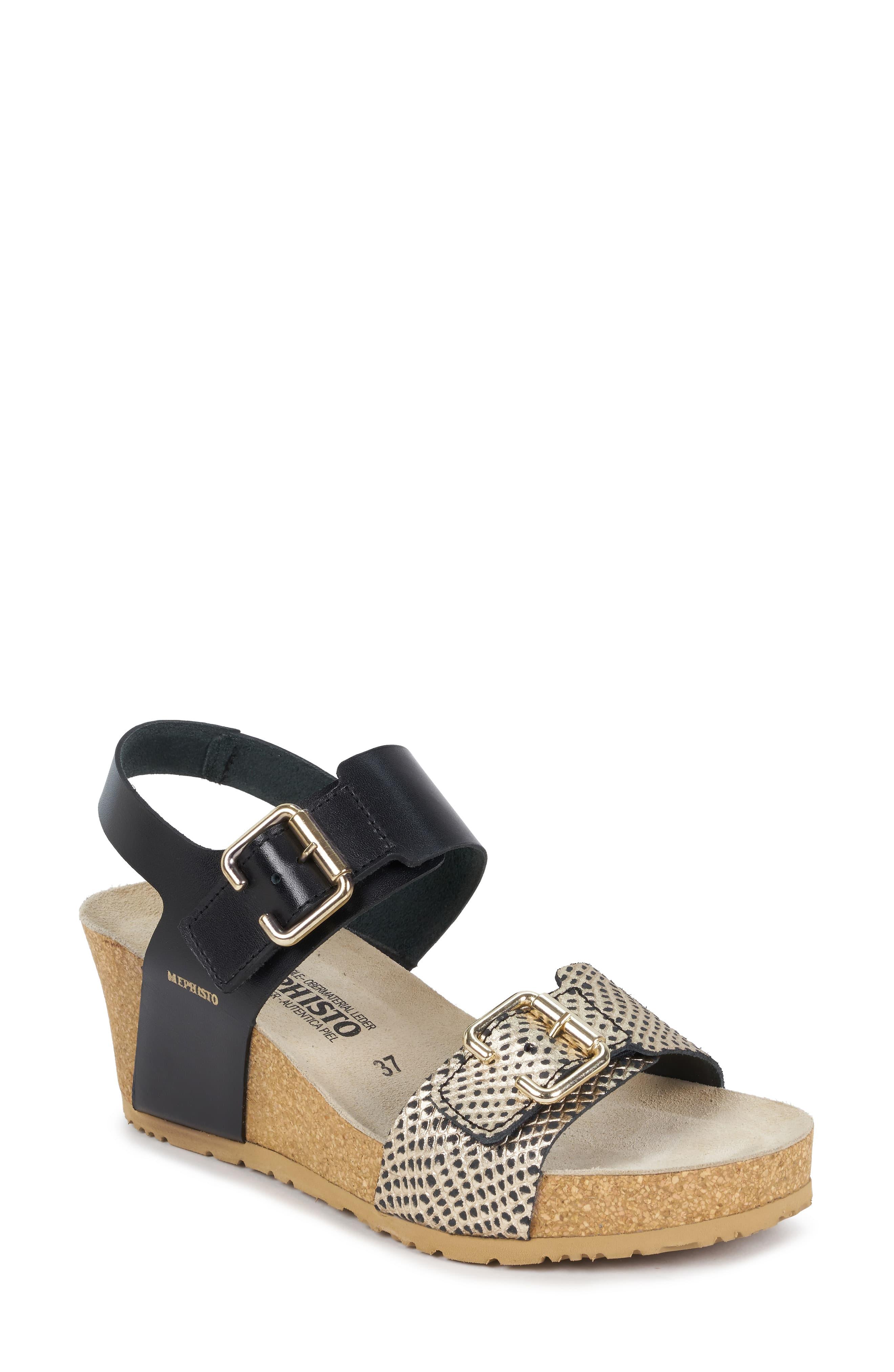 Mephisto Suede Lissandra Platform Wedge Sandal in Black/ Gold Leather (Metallic) - Lyst