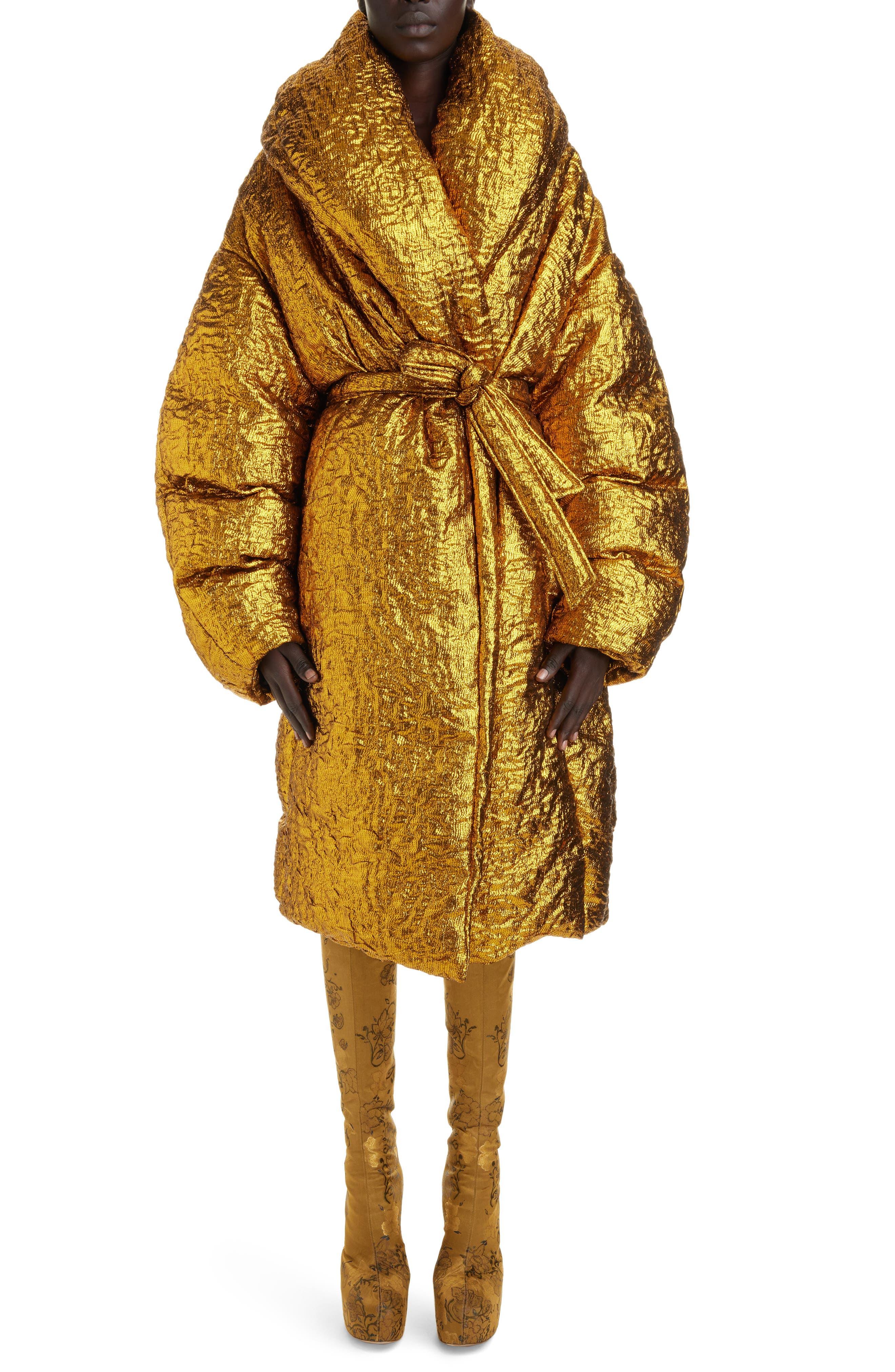 Dries Van Noten Voltaire Oversize Lamé Puffer Coat in Yellow | Lyst