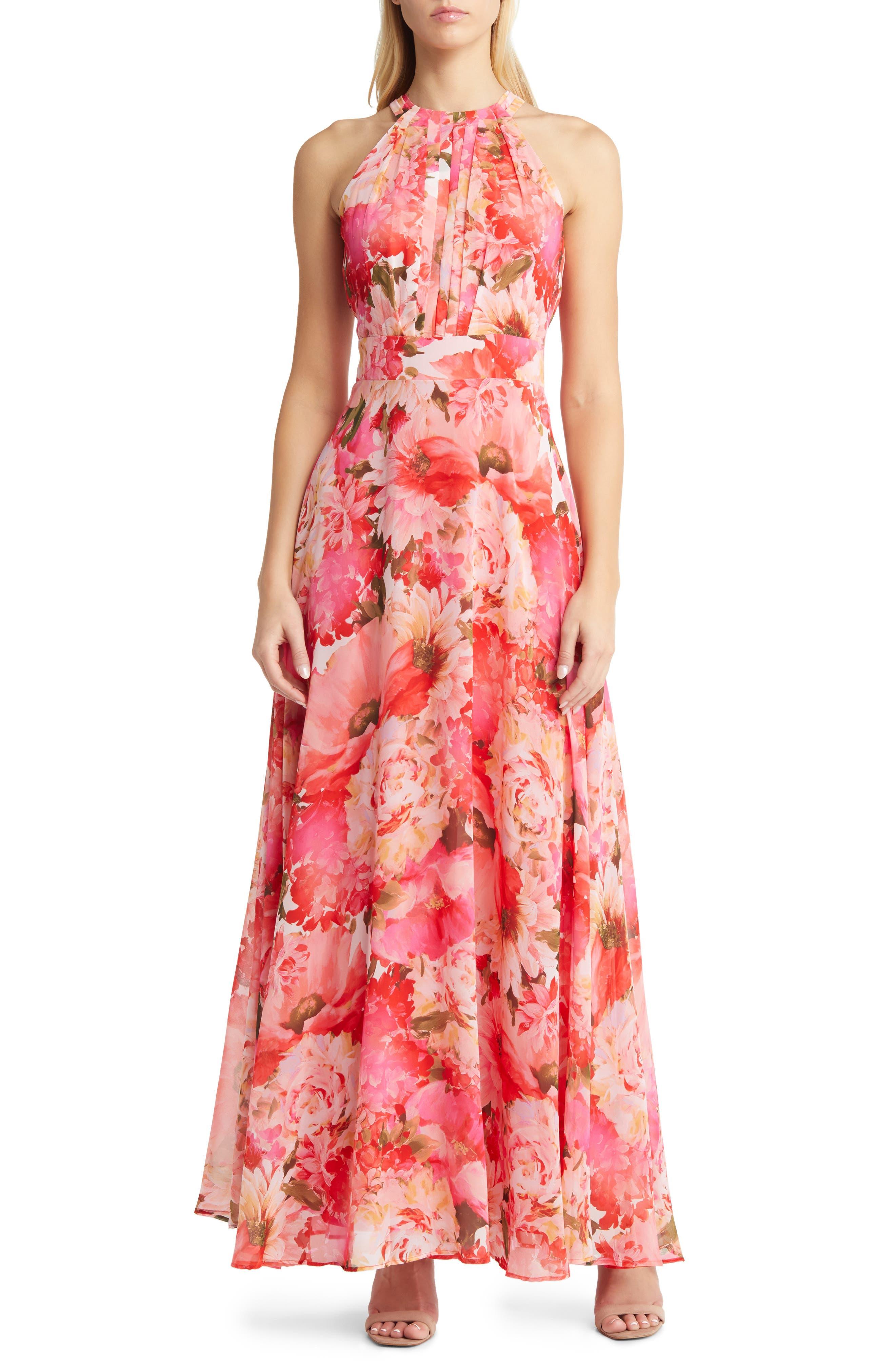 Floral Chiffon Ruffle Halterneck Maxi Dress