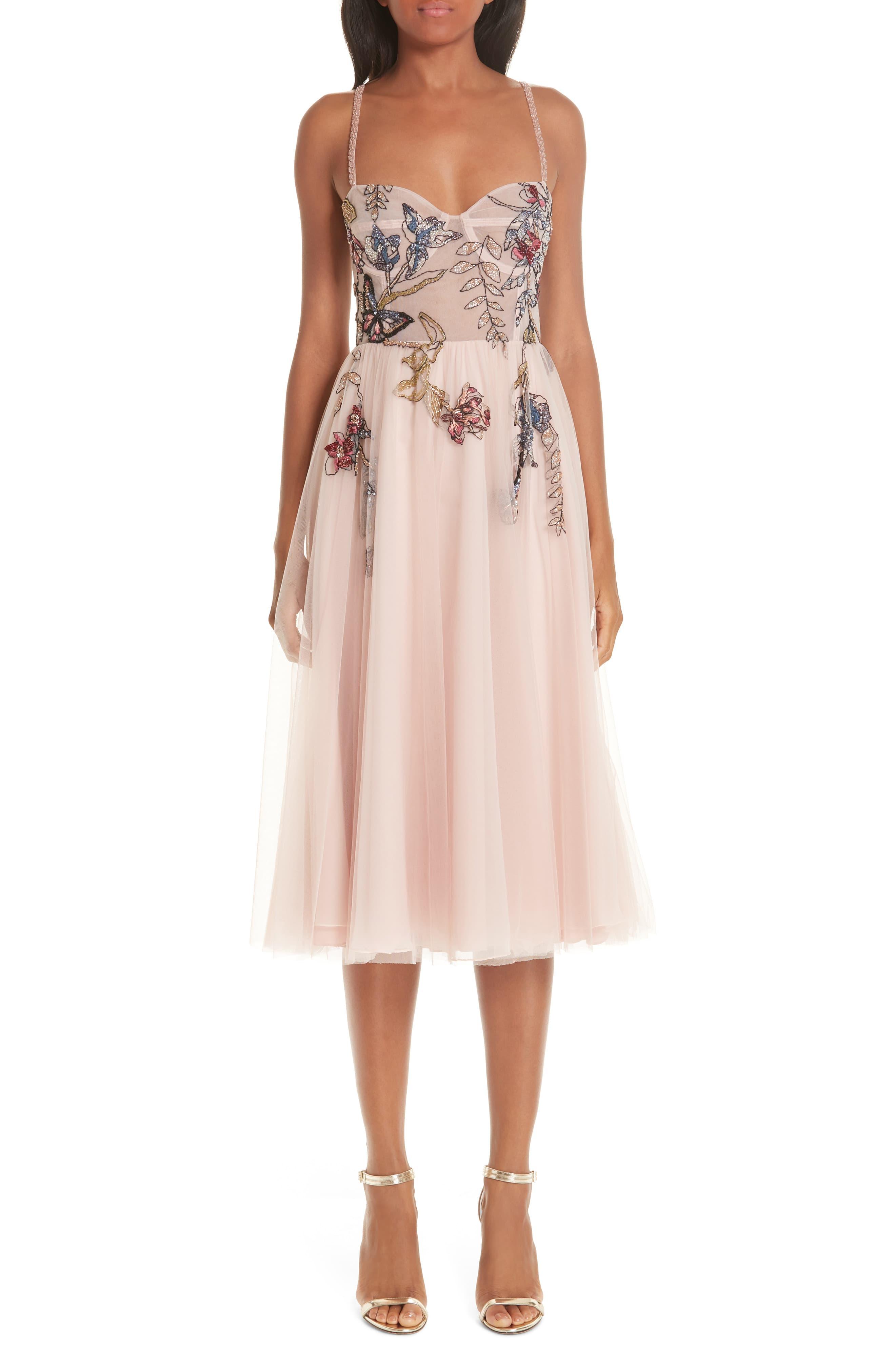 PATBO Beaded Floral Bustier Tea Length A-line Dress in Blush (Pink) - Lyst
