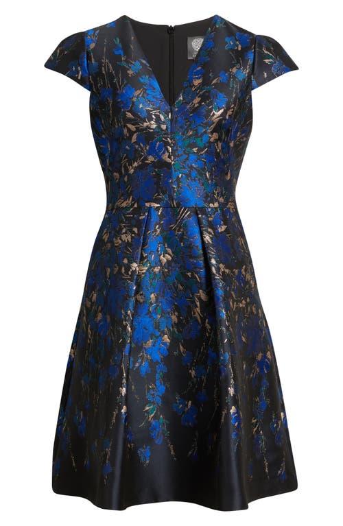 Vince Camuto Metallic Floral Jacquard Fit & Flare Dress in Blue | Lyst