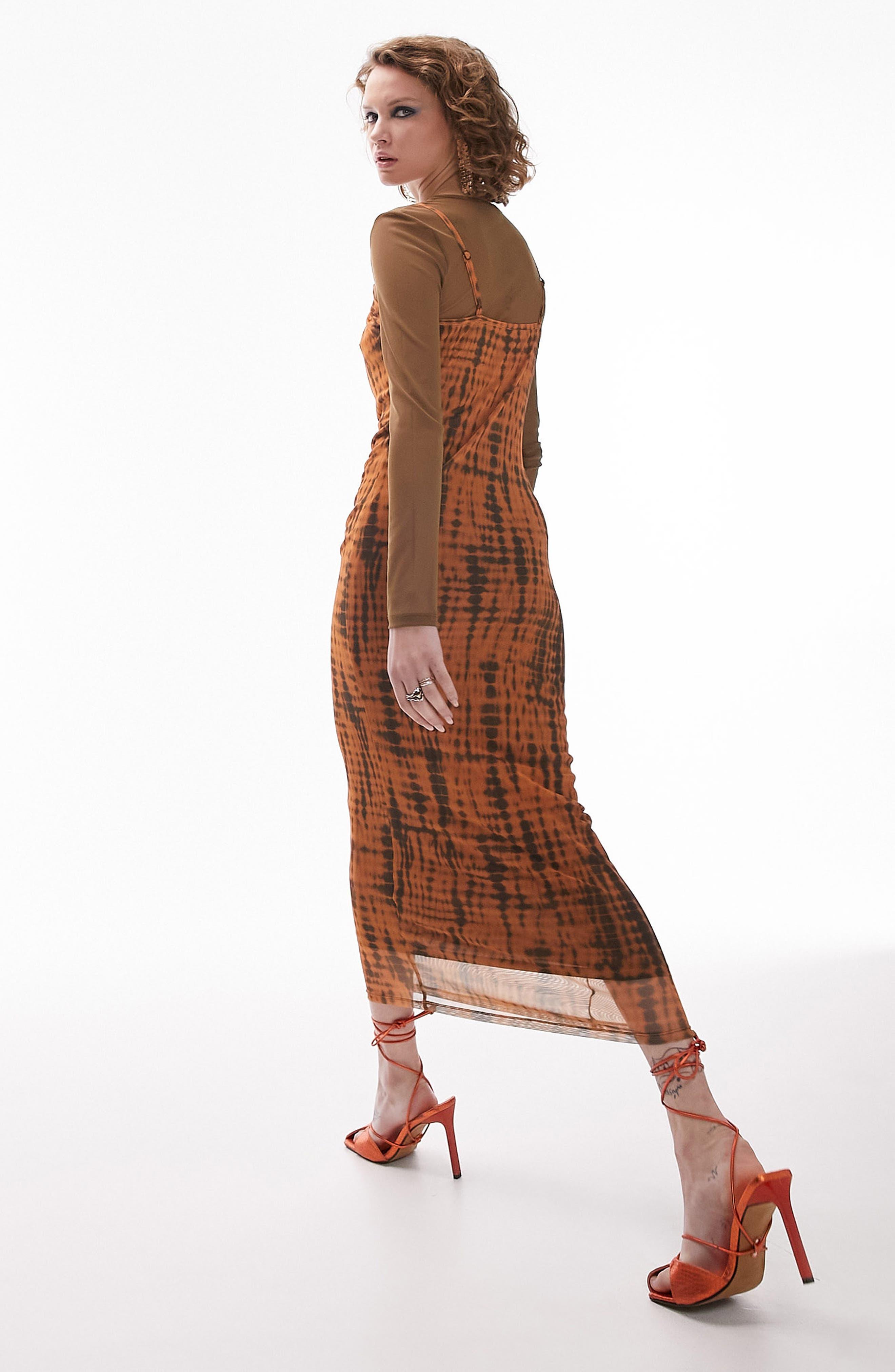 TOPSHOP Layered Long Sleeve Mesh Midi Dress in Brown | Lyst