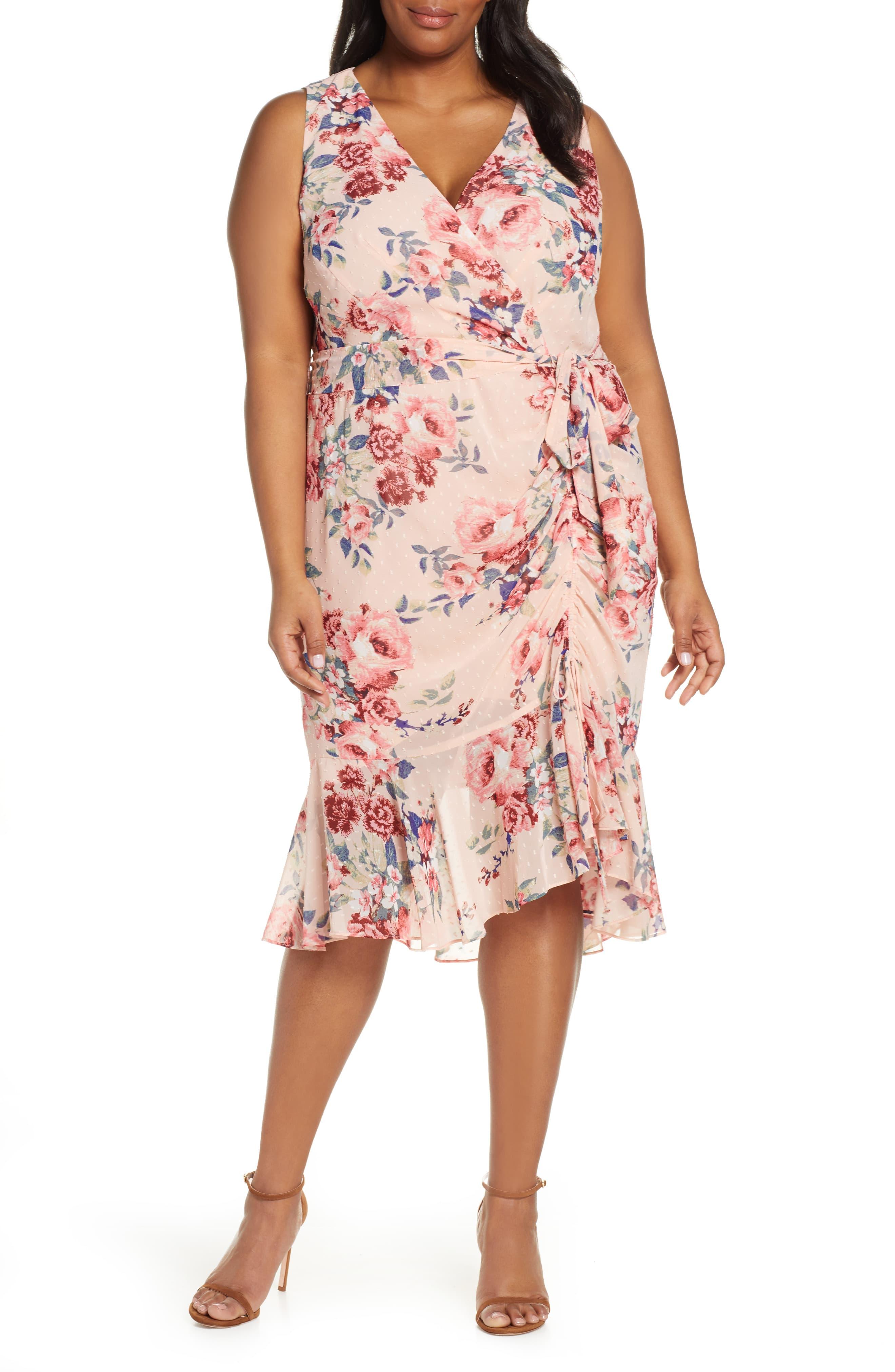 Floral ruched chiffon faux wrap dress sale