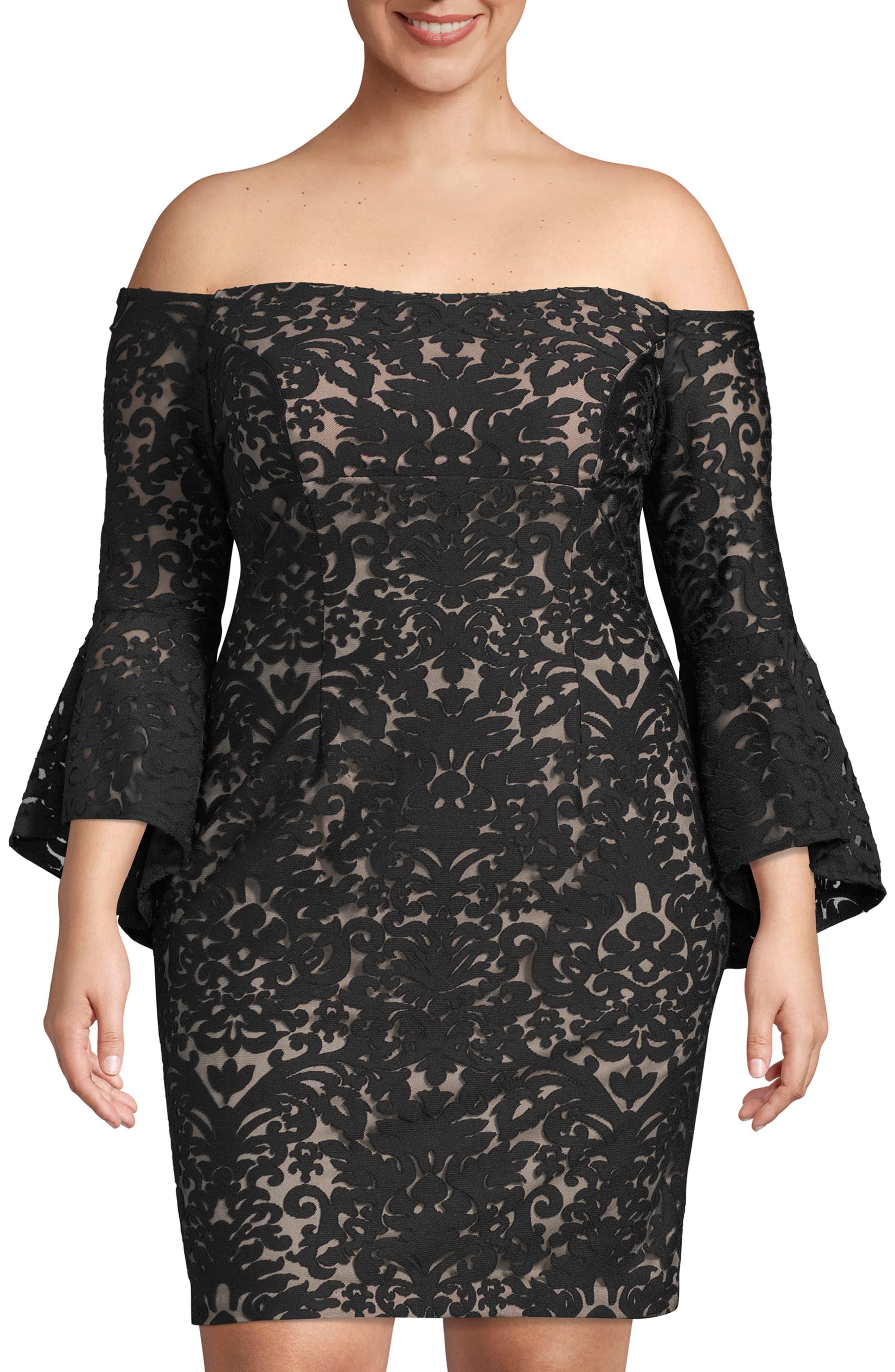 Xscape Bell Sleeve Off The Shoulder Burnout Lace Dress In Black Nude Black Lyst 