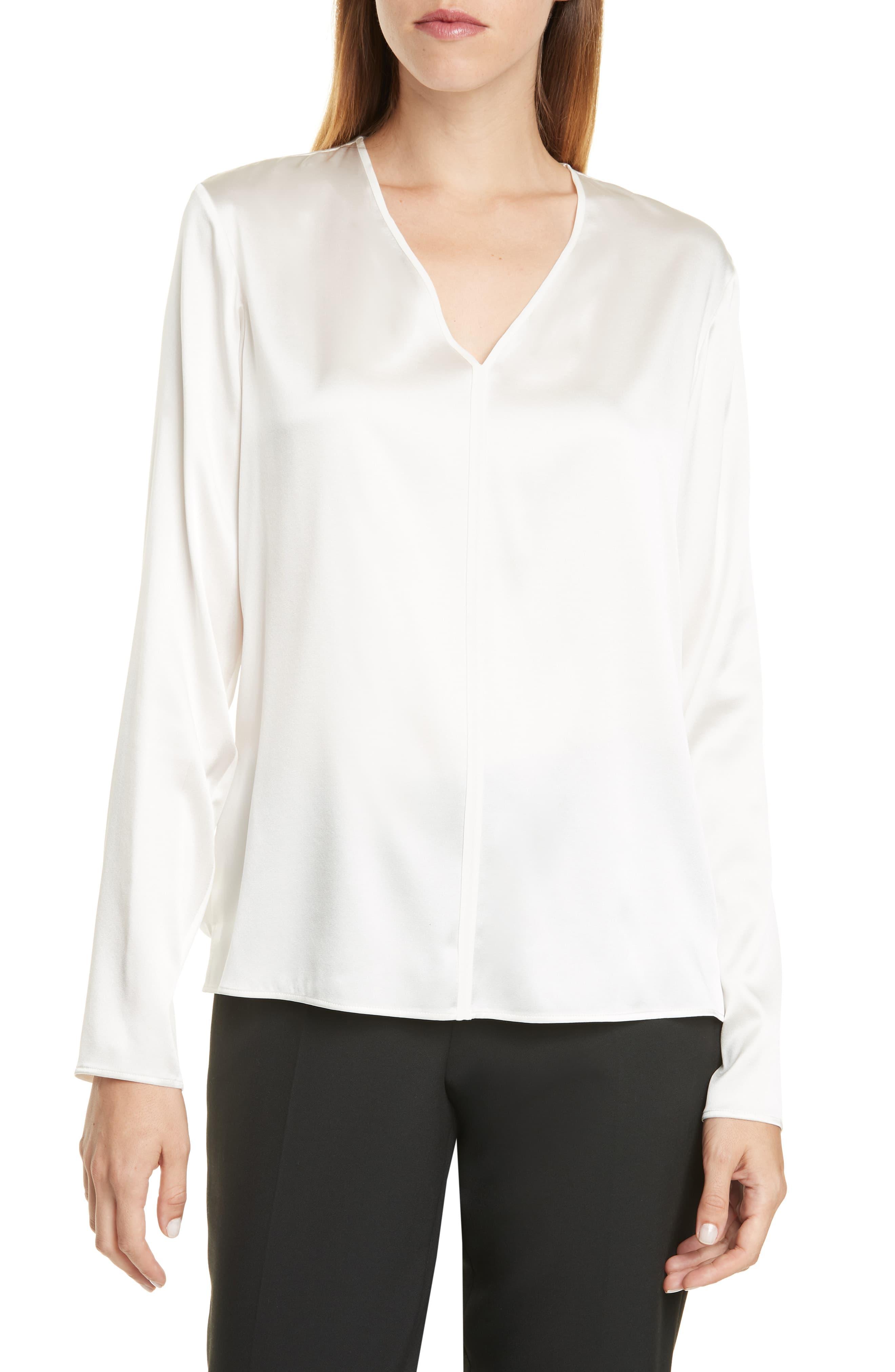 BOSS by Hugo Boss Ivala V-neck Stretch Silk Blouse in Vanilla Light ...