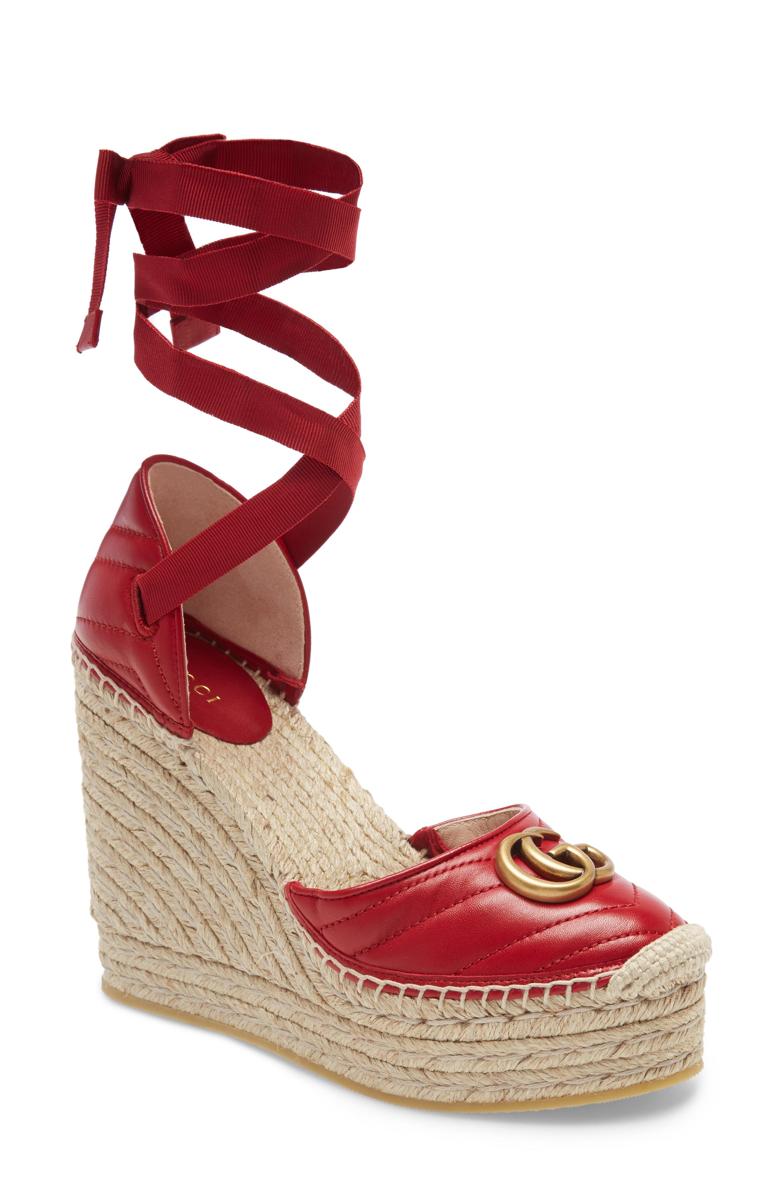 Gucci Palmyra Ankle Tie Espadrille Wedge in Red - Lyst