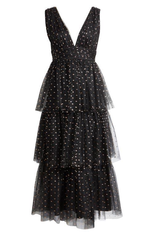 Lulus Metallic Tiered Tulle Midi Cocktail Dress in Black | Lyst