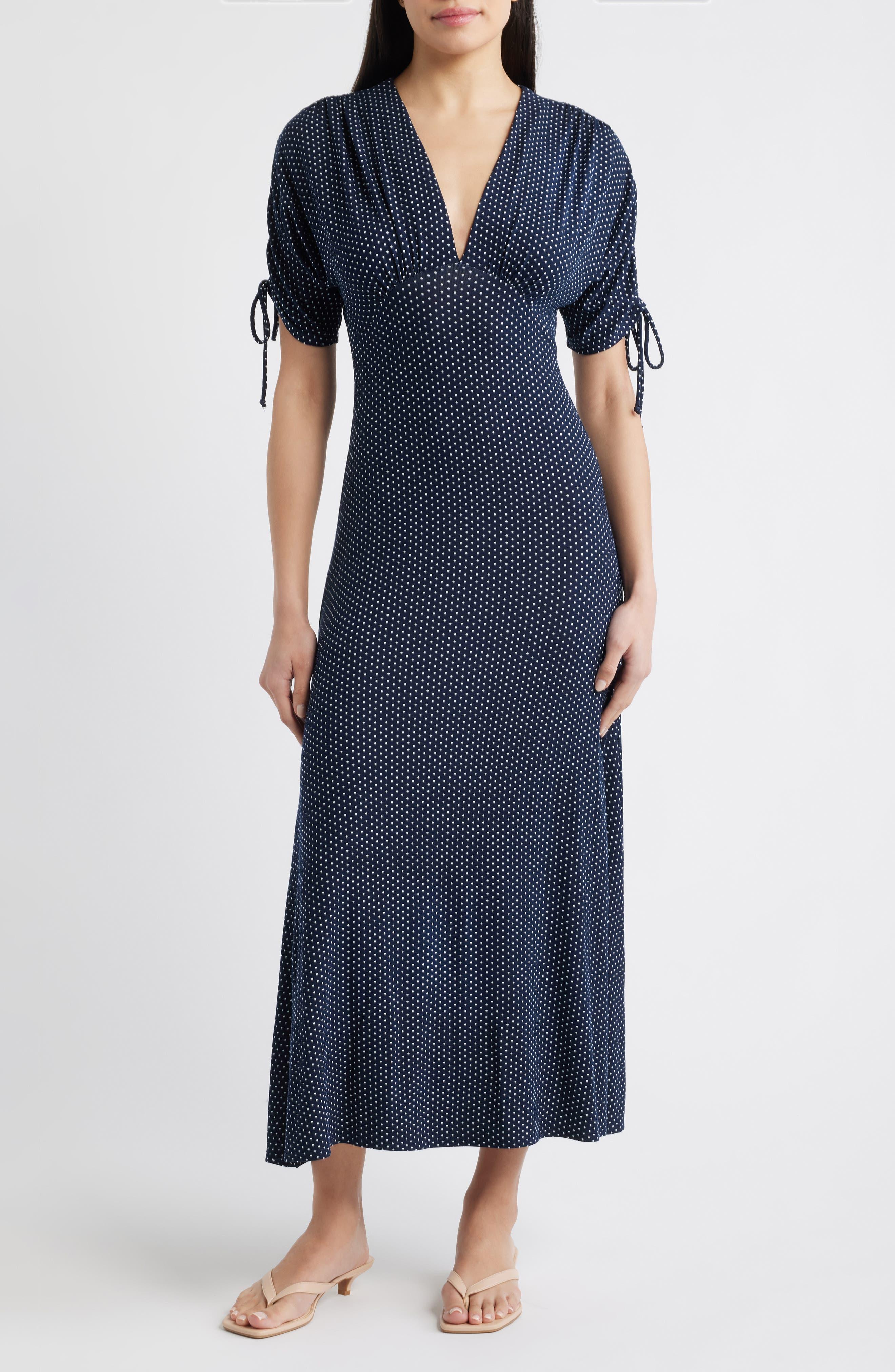 loveappella torri knit maxi dress Ruched Sleeve Empire Waist in Blue atf-kg-05.26.26
