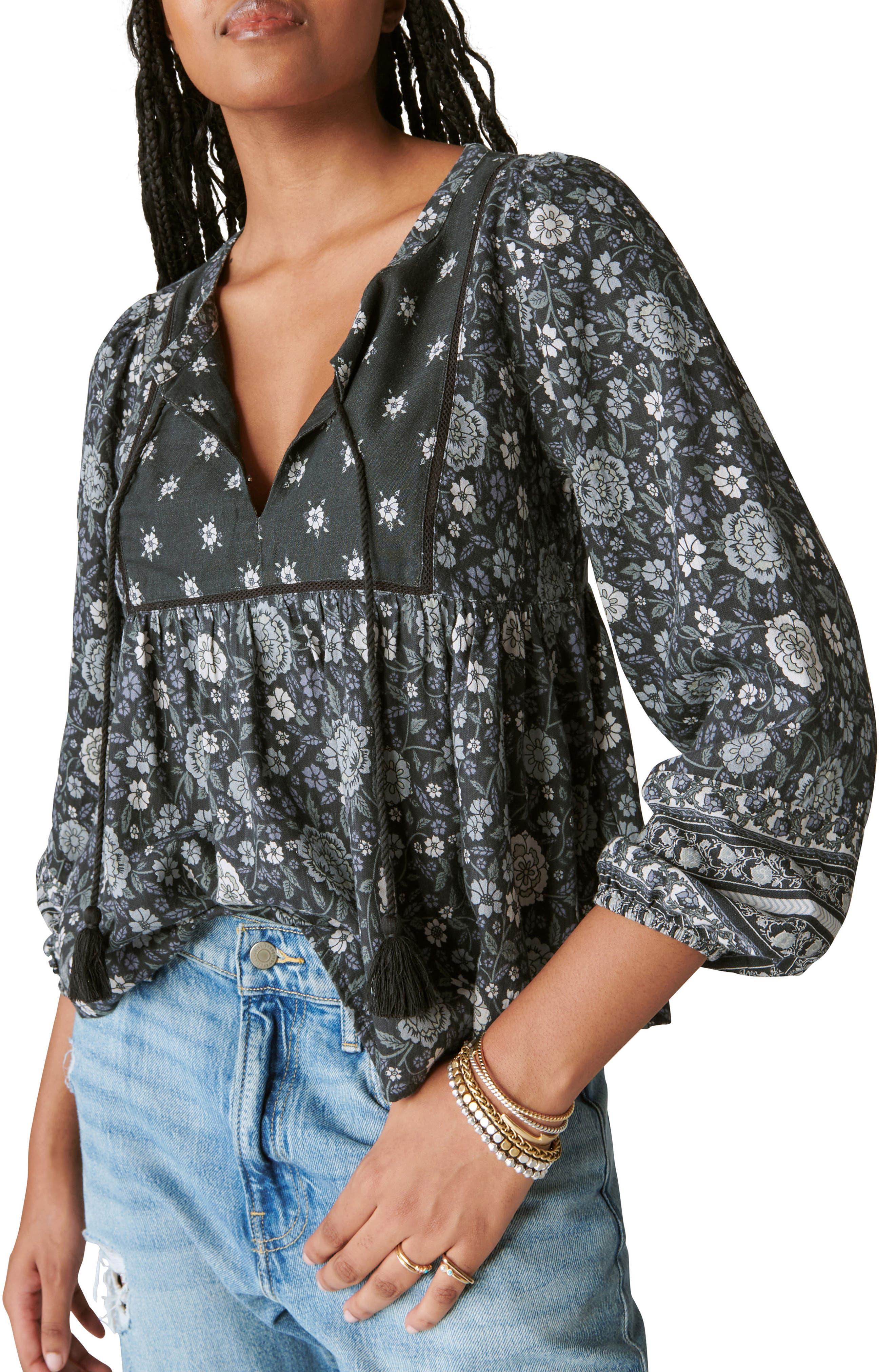 Lucky Brand Floral Print Long Sleeve Peasant Blouse in Black Lyst