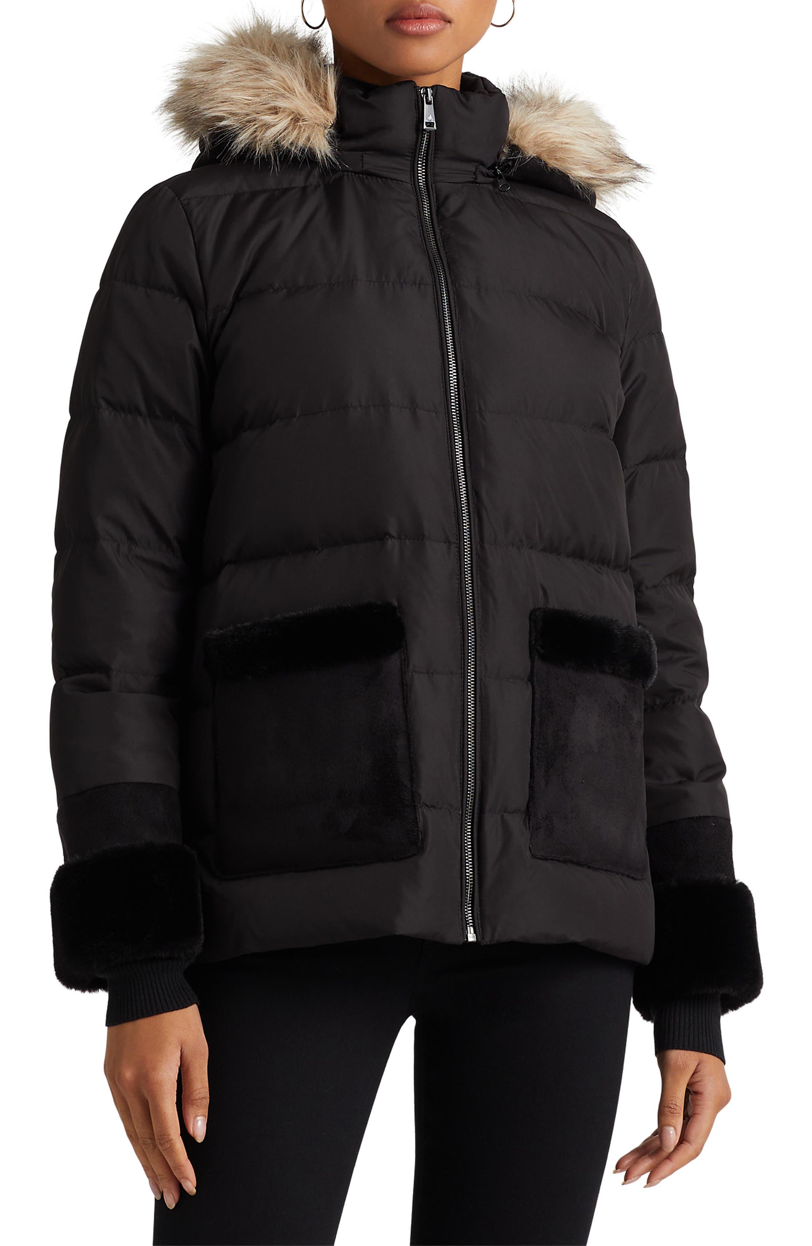 Lauren by Ralph Lauren Down & Feather Puffer Jacket With Faux Fur Trim