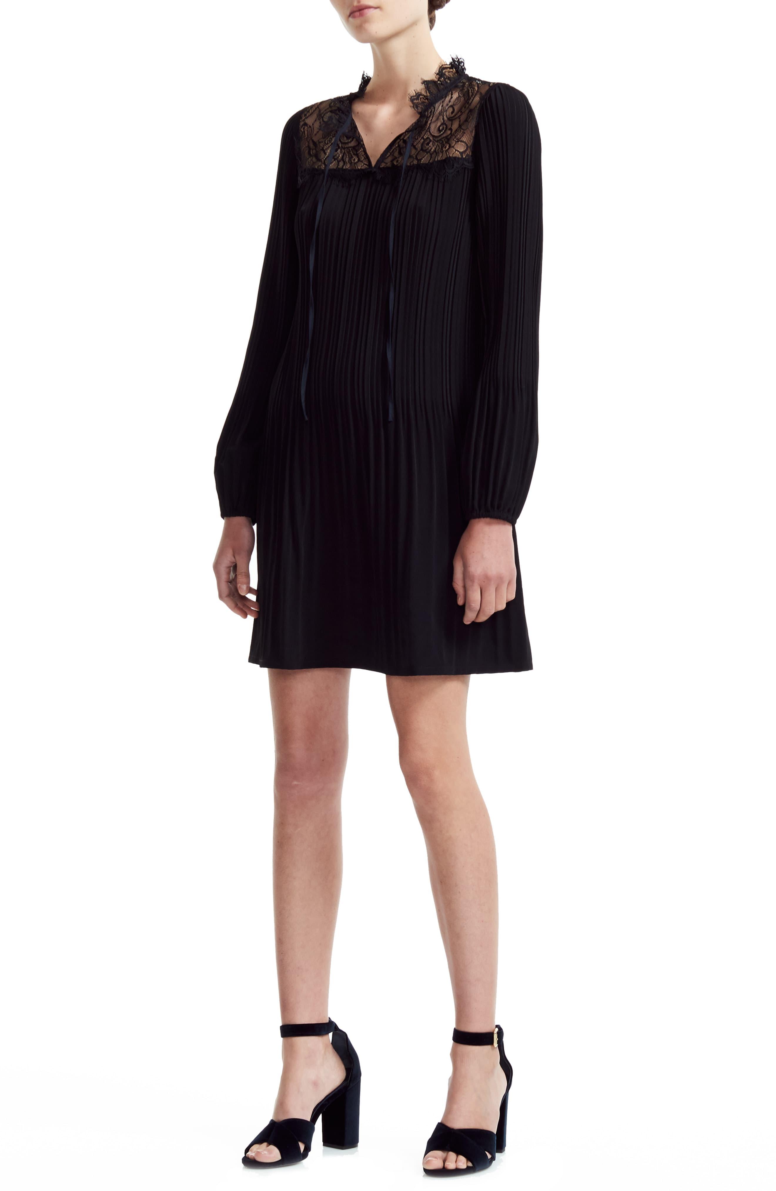 Maje Lace Rockette Pleated Long Sleeve Shift Dress in Black - Lyst
