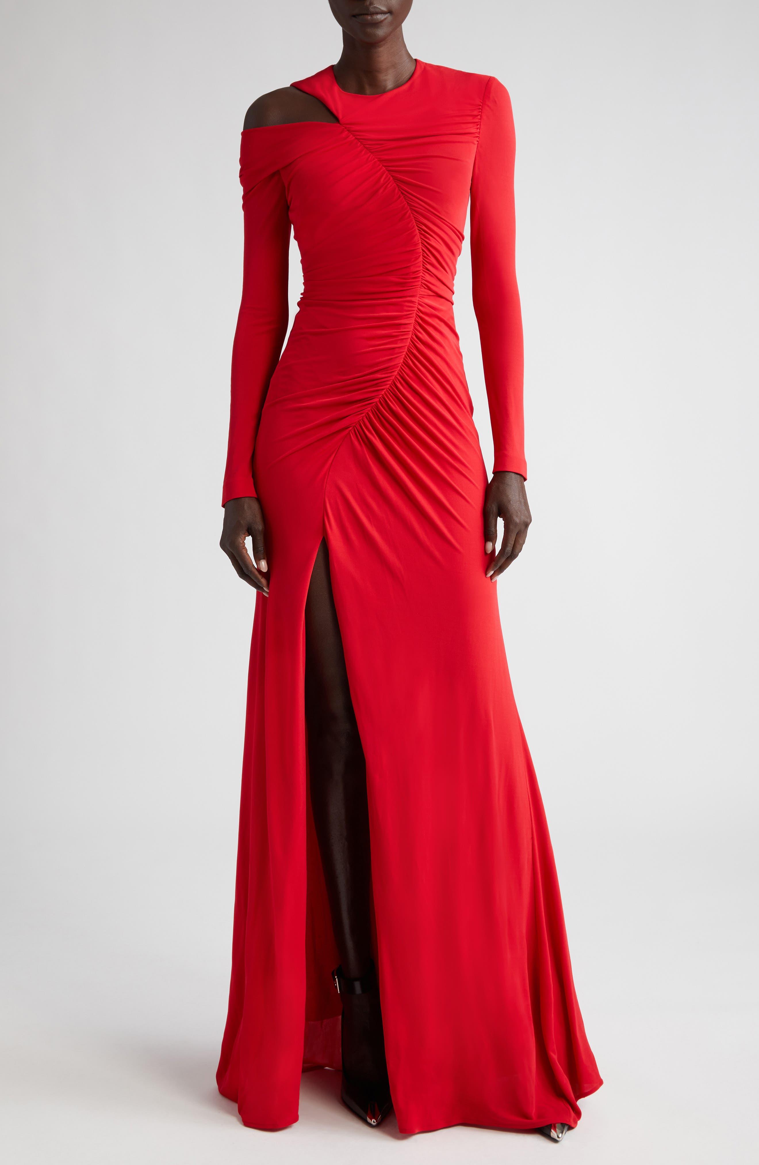 Alexander McQueen Ruched Asymmetric Long Sleeve Jersey Gown in Red
