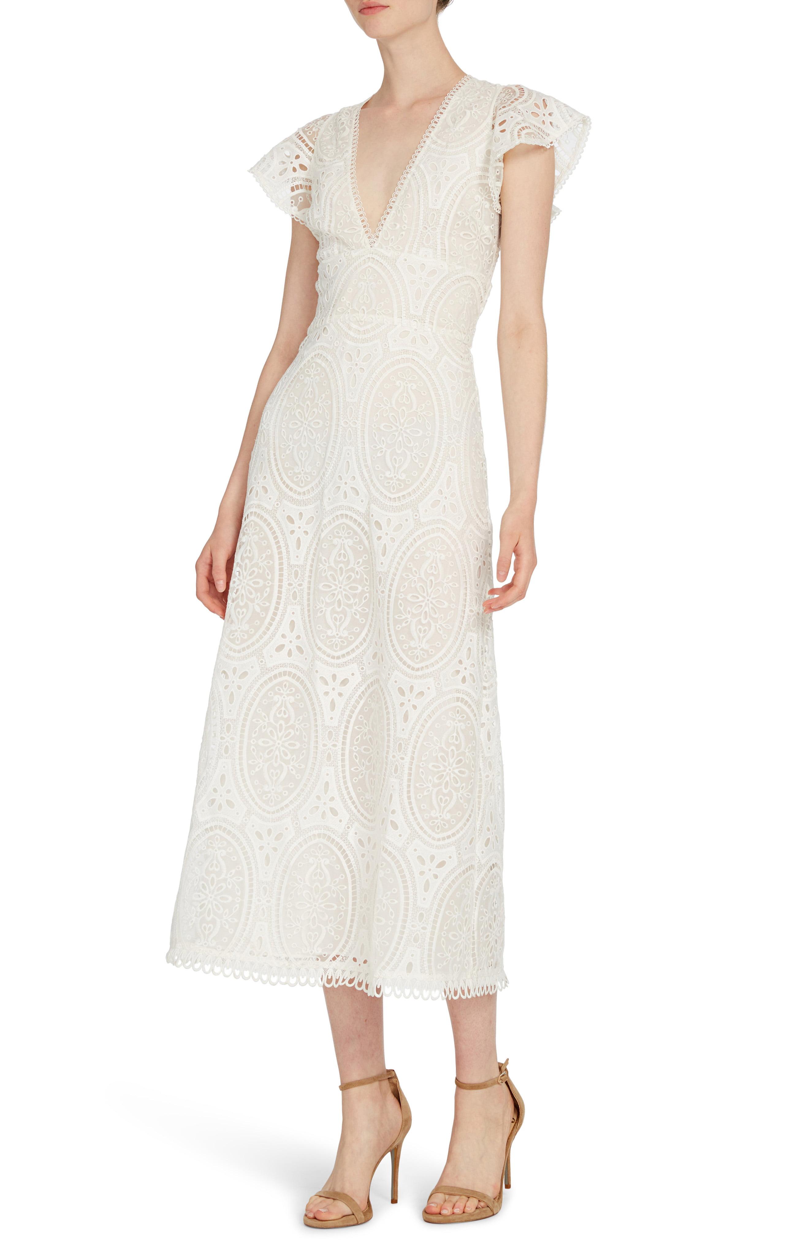 ML Monique Lhuillier Lace Midi Dress in White - Lyst