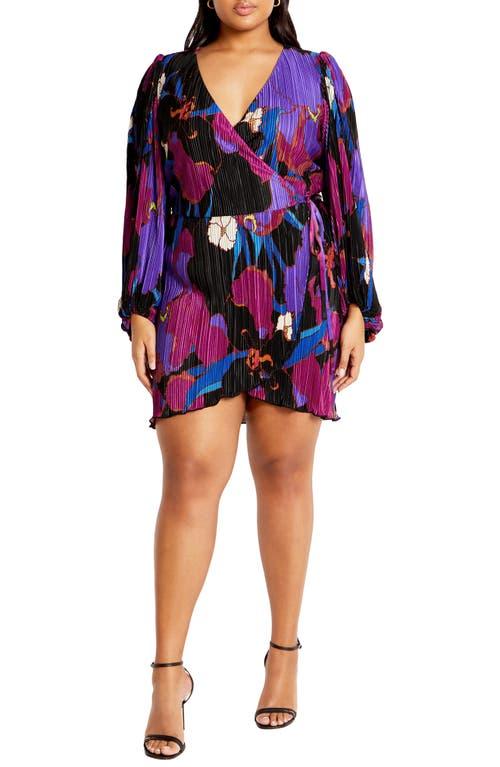 City Chic Kira Floral Print Long Sleeve Plissé Faux Wrap Dress in