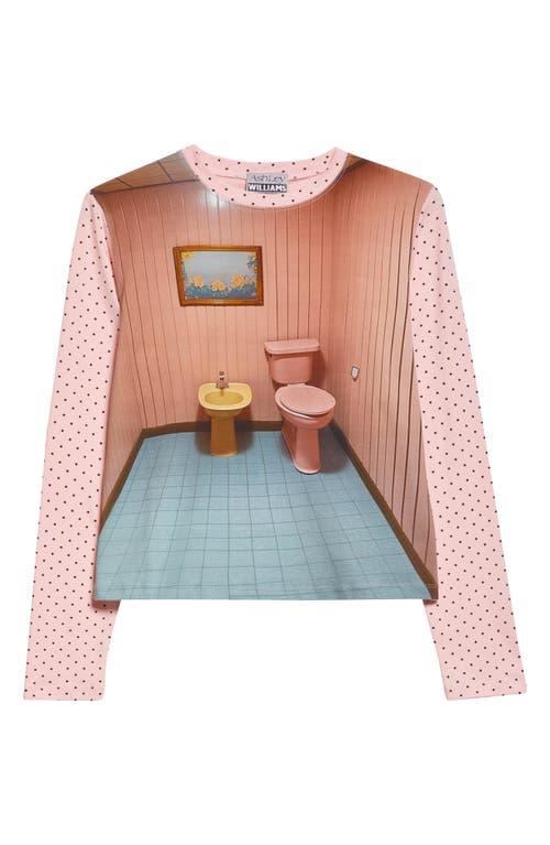 Ashley Williams Bathroom Print Long Sleeve Cotton T-Shirt in White
