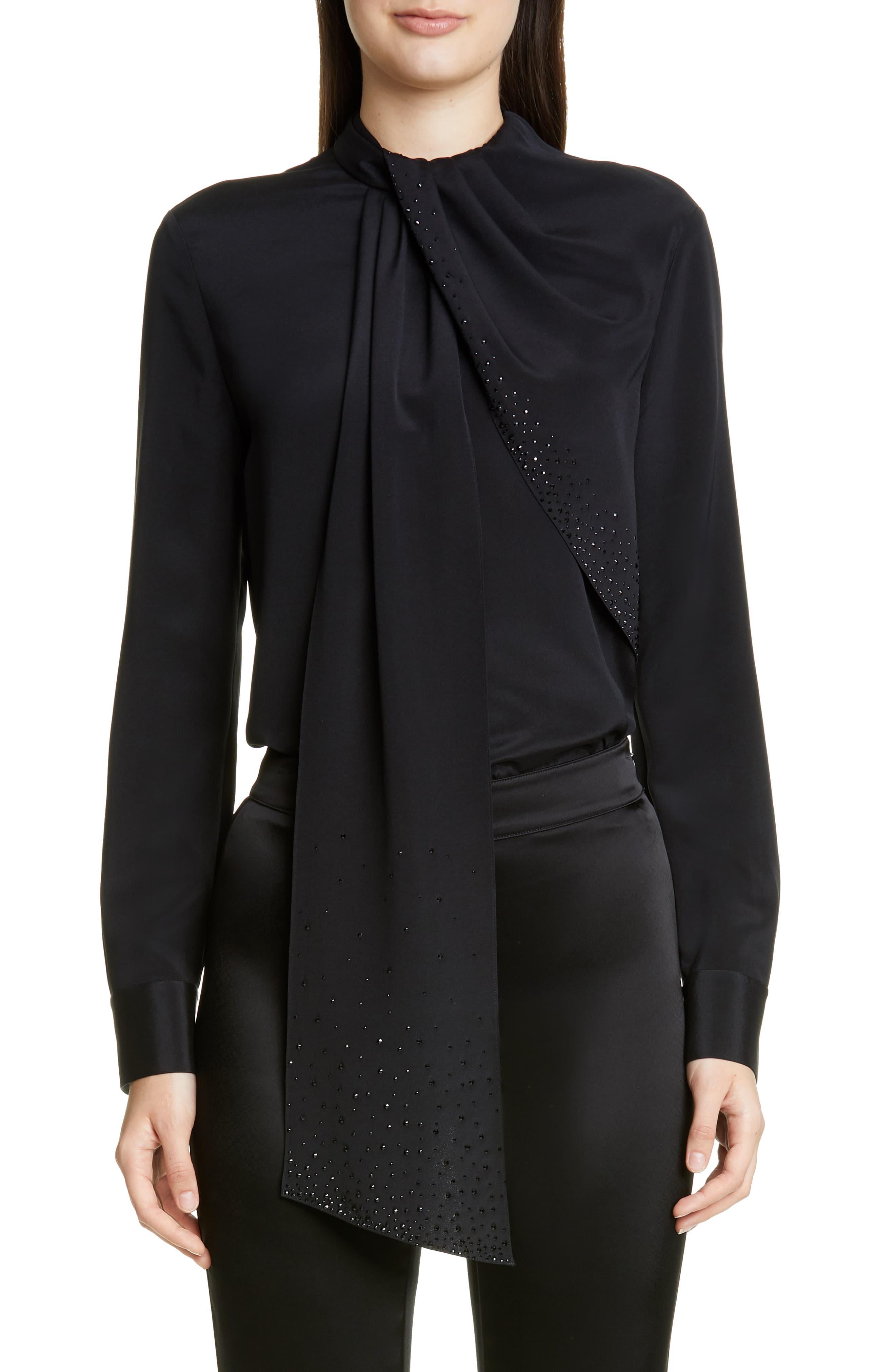 St. John Drape Neck Stretch Silk Blouse in Black - Lyst