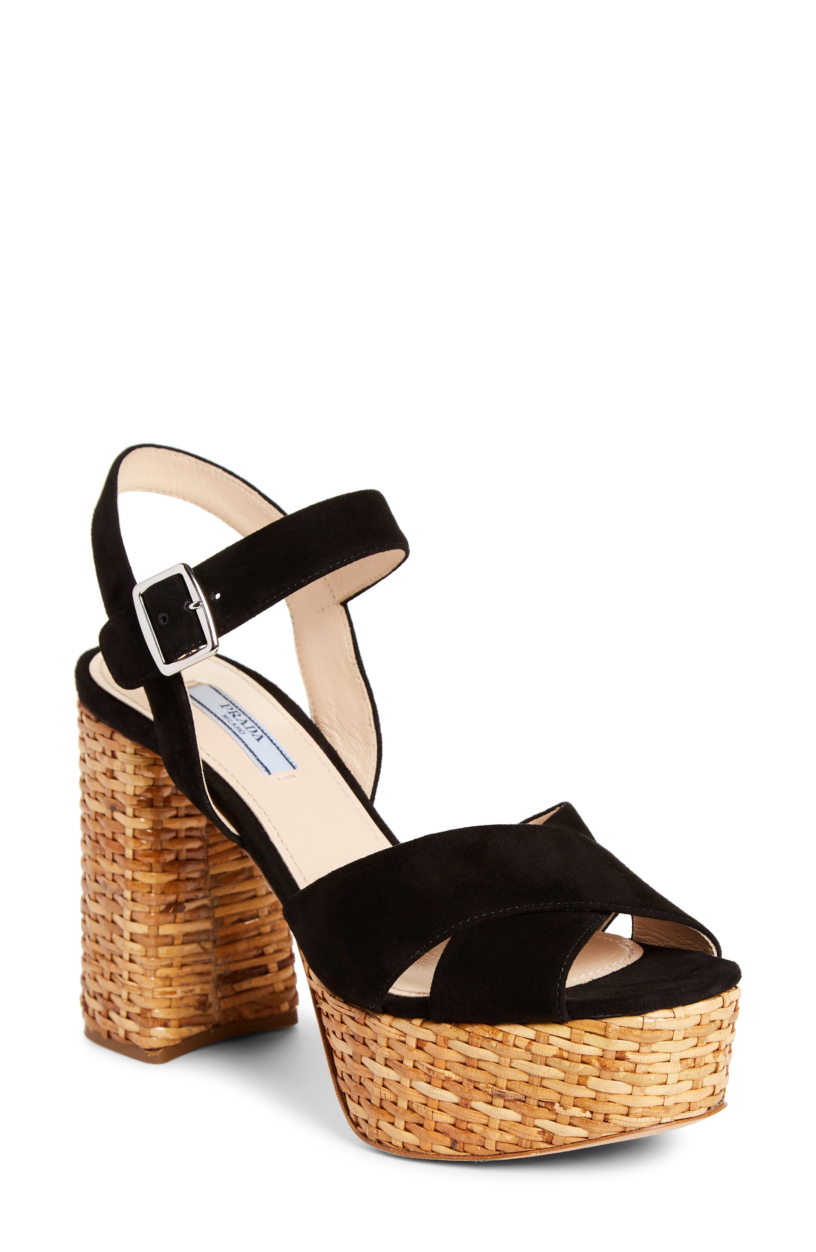 Prada Wicker Platform Sandal in Black - Lyst