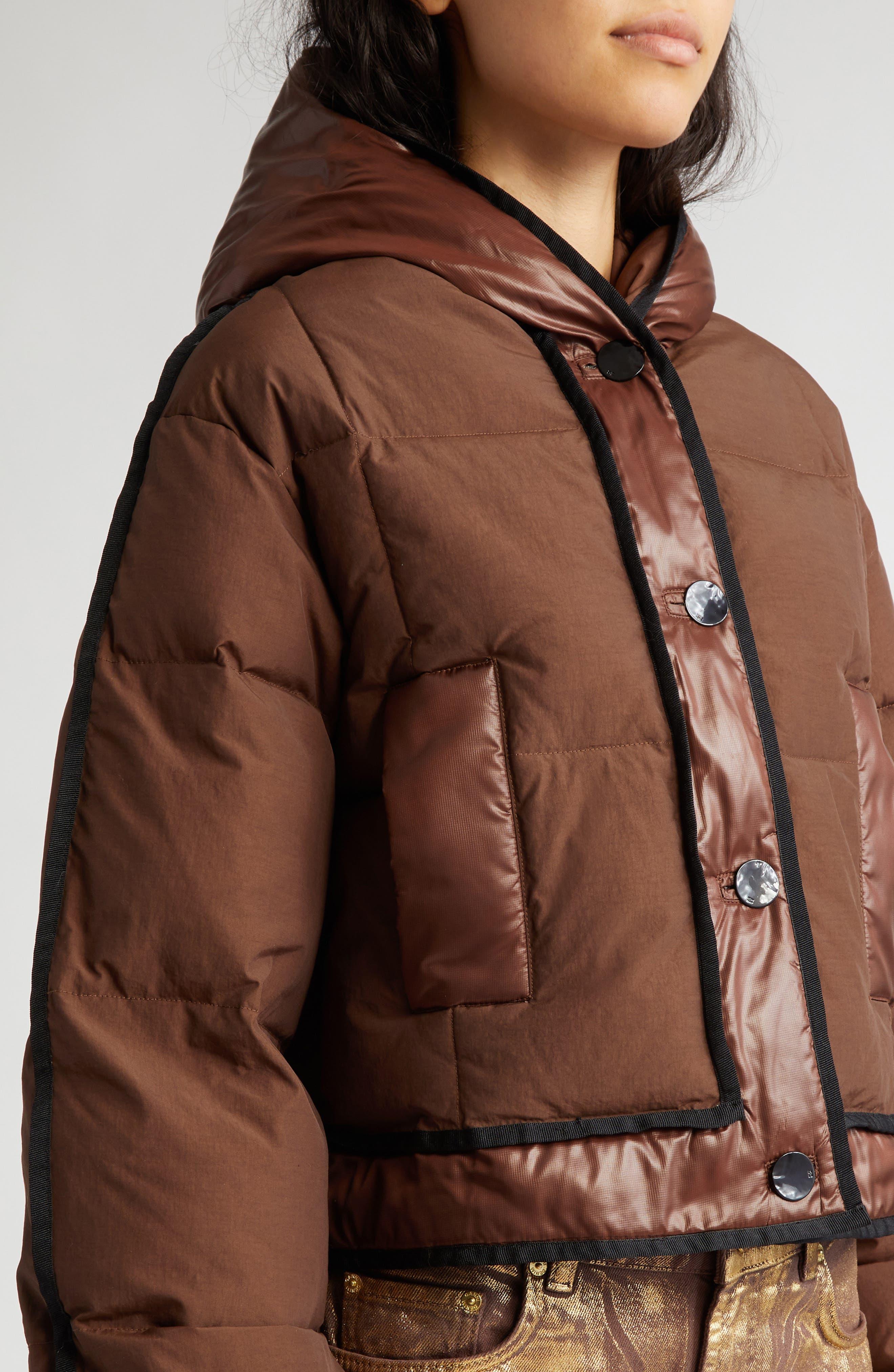 Ganni Mixed Media Hooded Puffer Jacket in Brown | Lyst