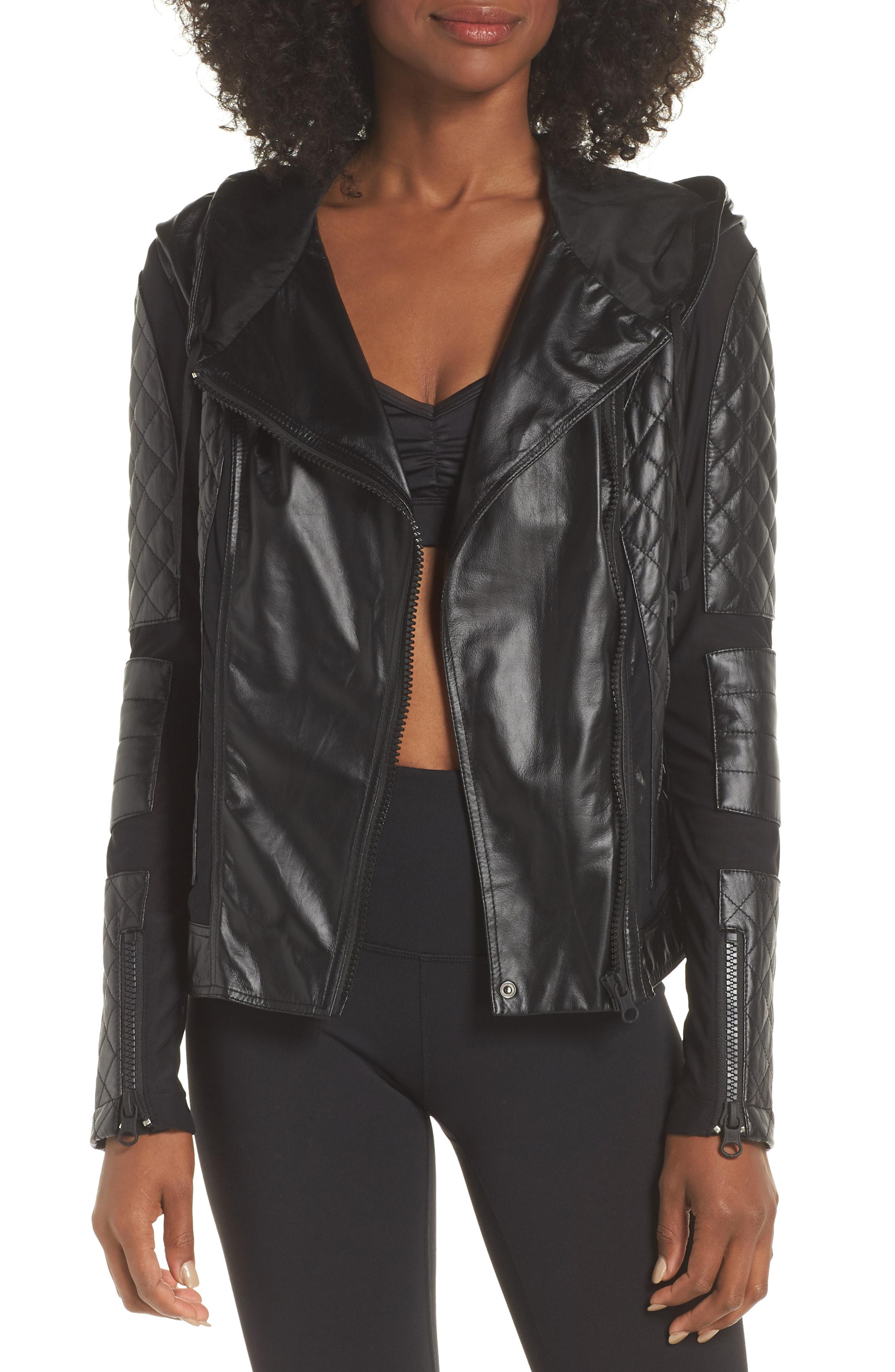 Lyst Blanc Noir Voyage Hooded Leather Mesh Moto Jacket In Black Blanc Noir Women S Black Voyage Hooded Leather Mesh Moto Jacket
