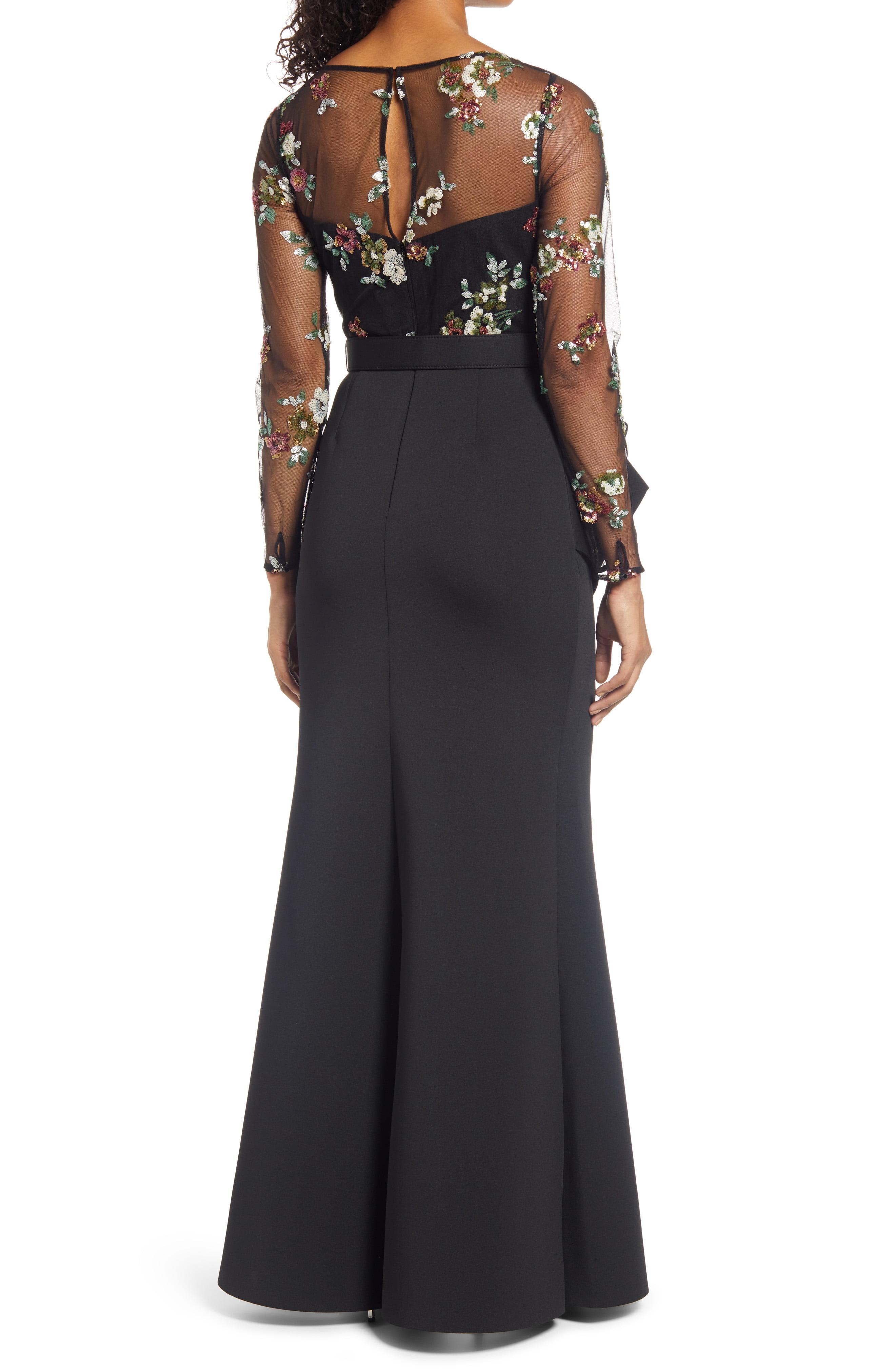 Badgley Mischka Lace Badgley Mischka Sequin Bodice Peplum Detail Long Sleeve Gown in Black - Lyst