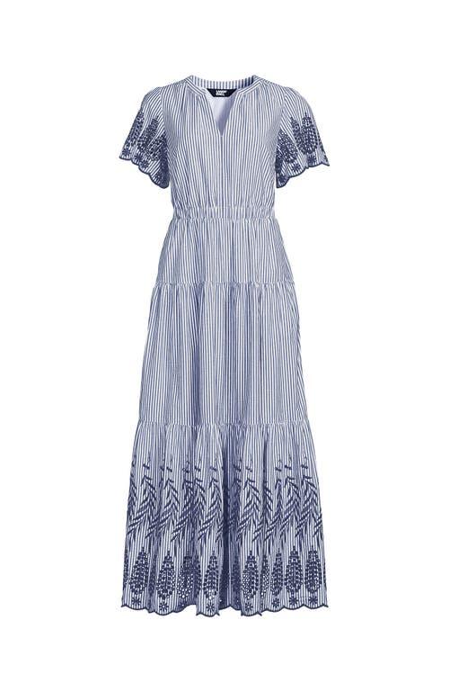 Lands' End Tiered Cotton Poplin Embroidered Maxi Dress in Blue | Lyst