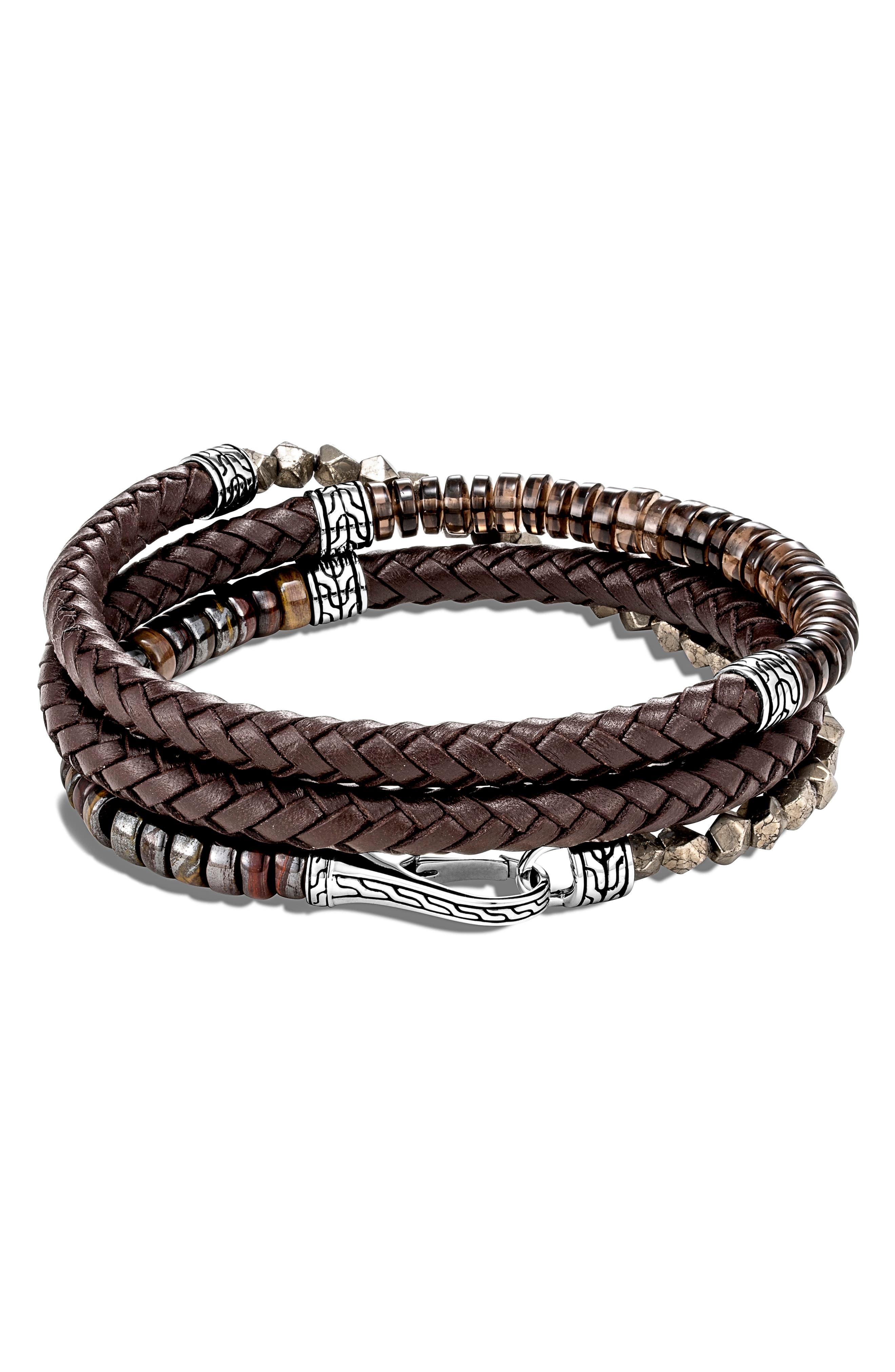 John Hardy Men's Classic Chain Beaded Leather Wrap Bracelet, Brown for
