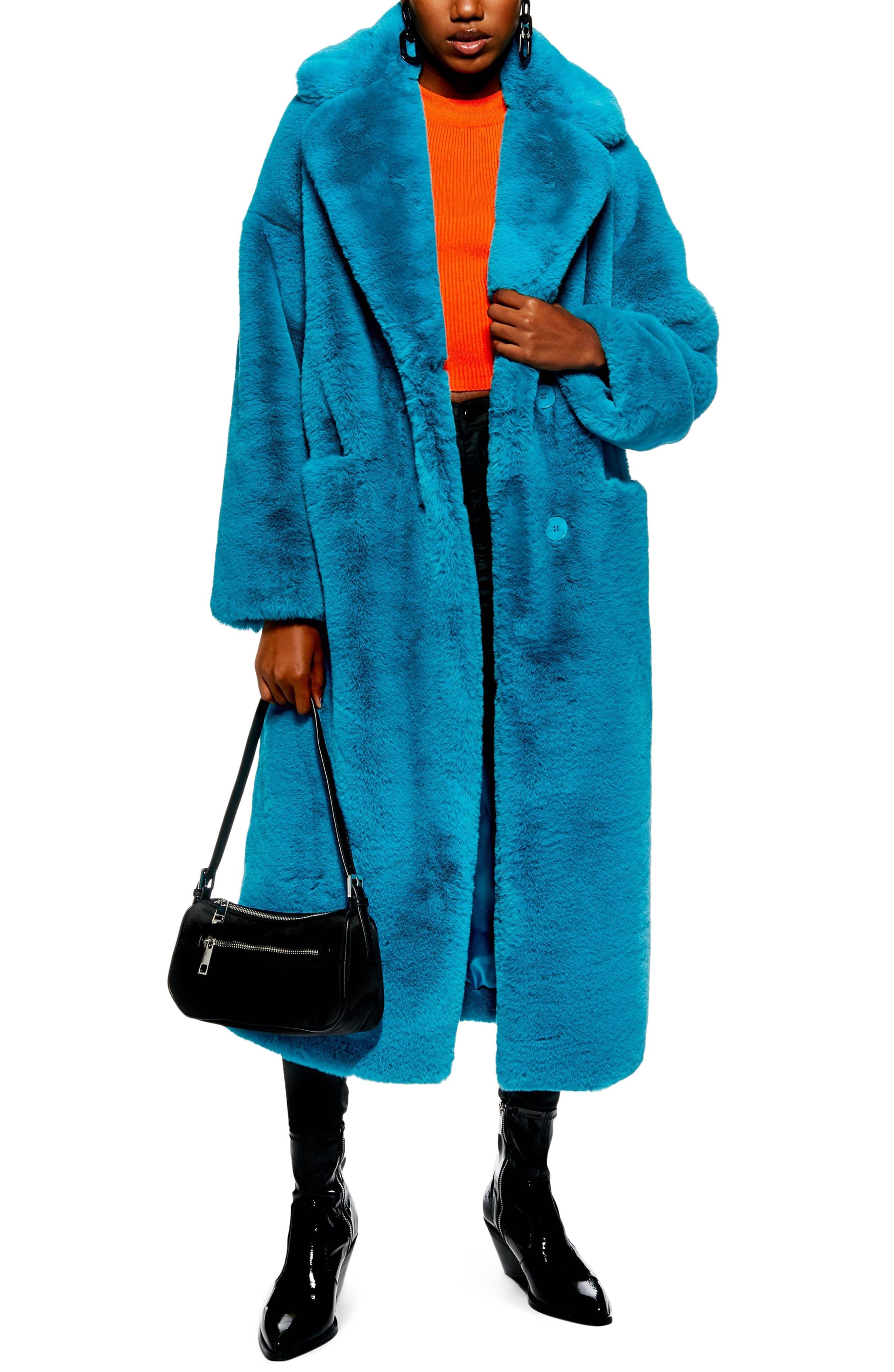 TOPSHOP Luxe Faux Fur Coat in Teal (Blue) - Lyst