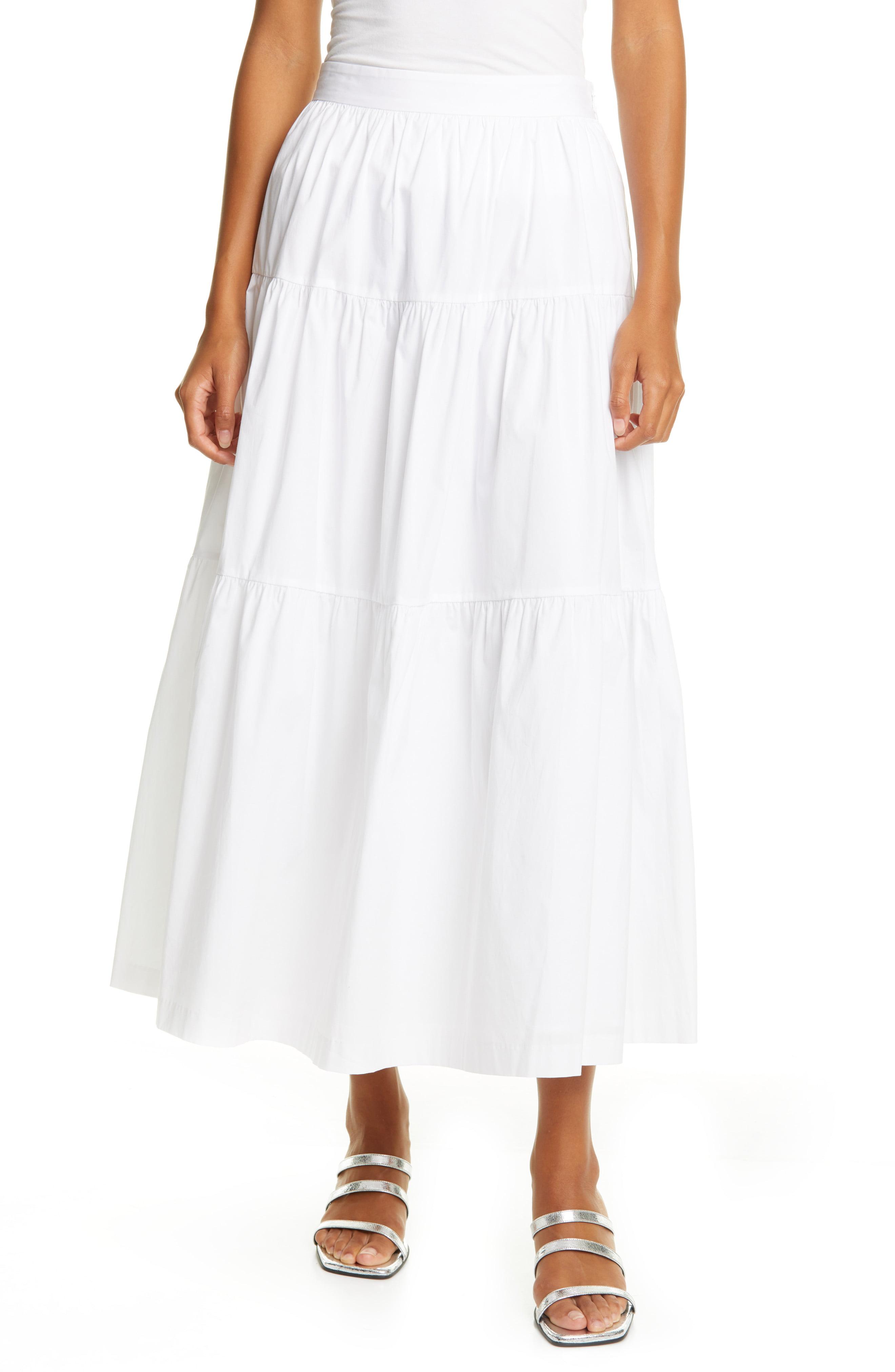 STAUD Tiered Stretch Cotton Maxi Skirt in White - Lyst