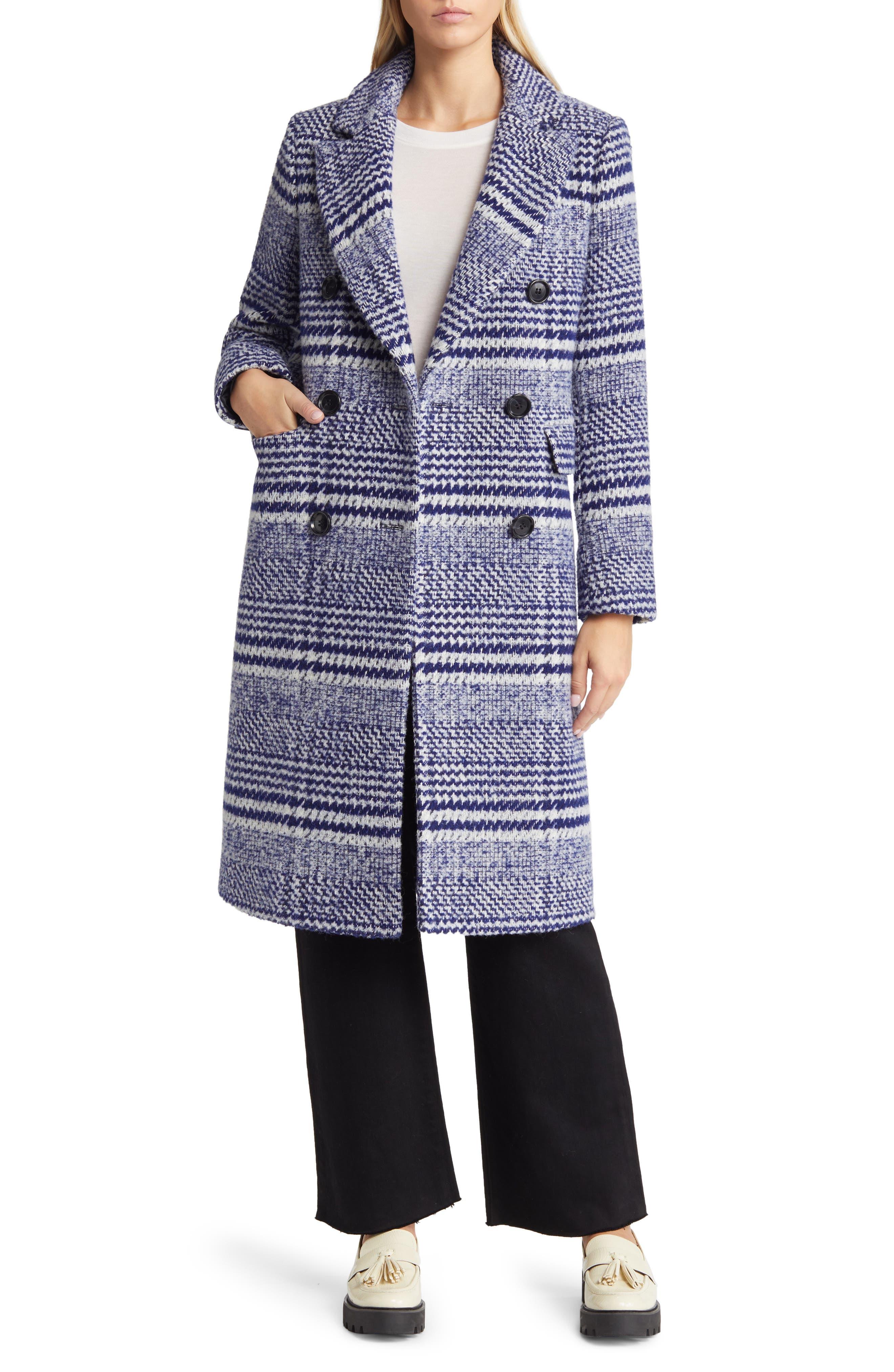 Sam Edelman Checkered Plaid Double Breasted Coat in Blue | Lyst