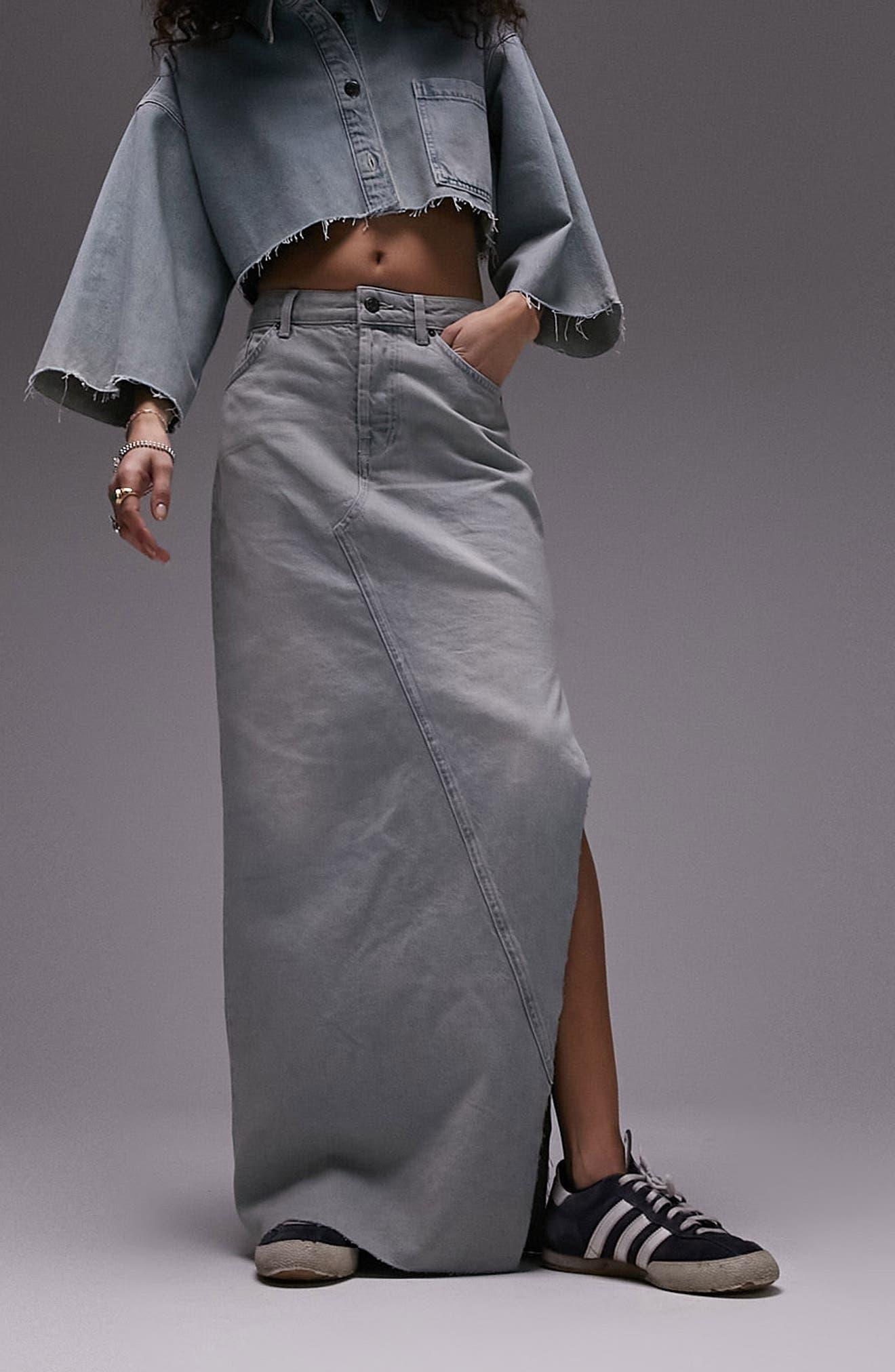 TOPSHOP Side Slit Denim Skirt in Gray | Lyst