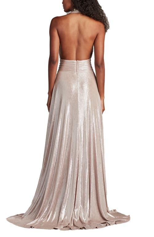 Tadashi Shoji Metallic Plunge Halter Gown | Lyst