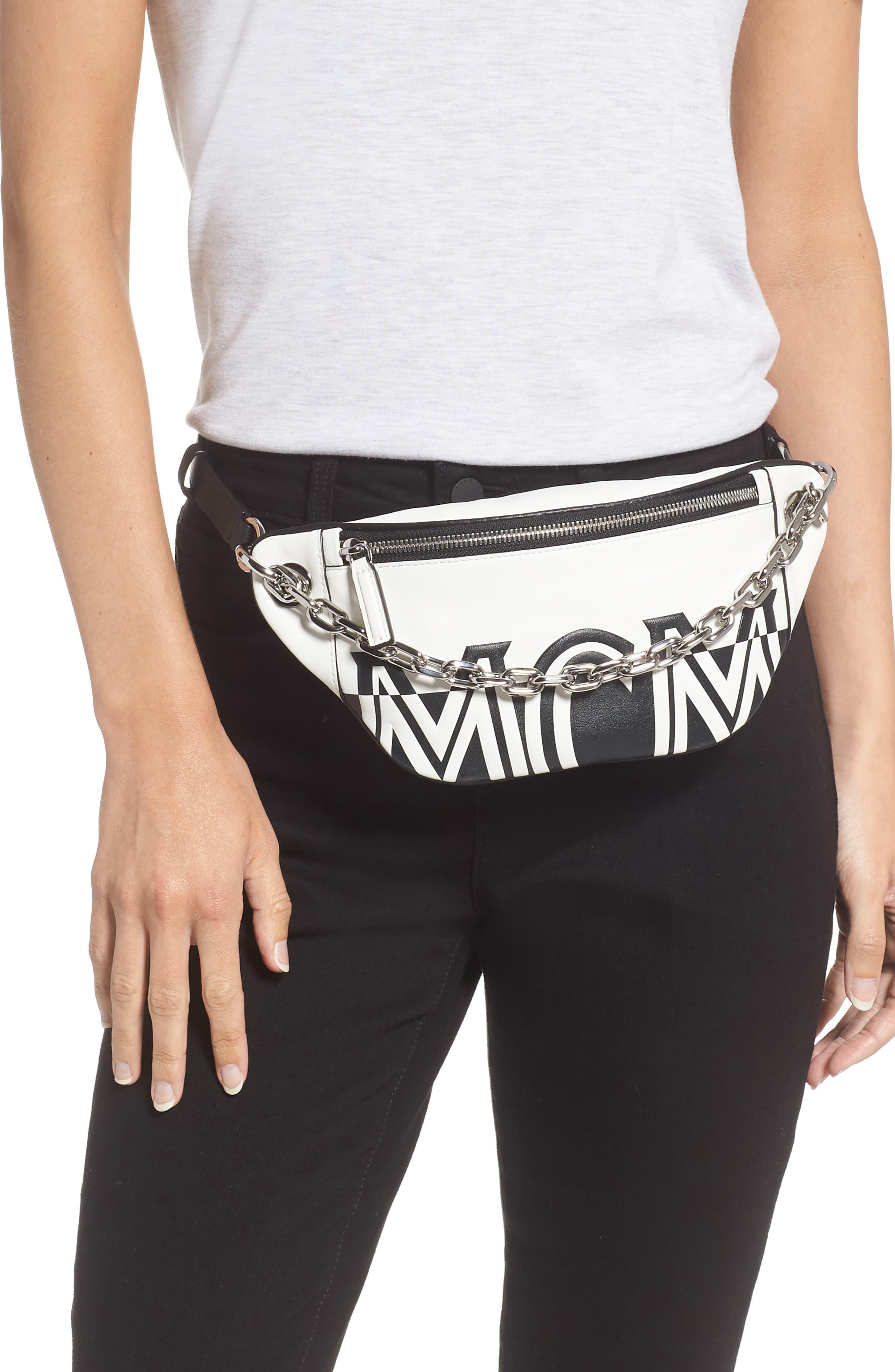 MCM Leather Logo Print Belt Bag in White - Lyst