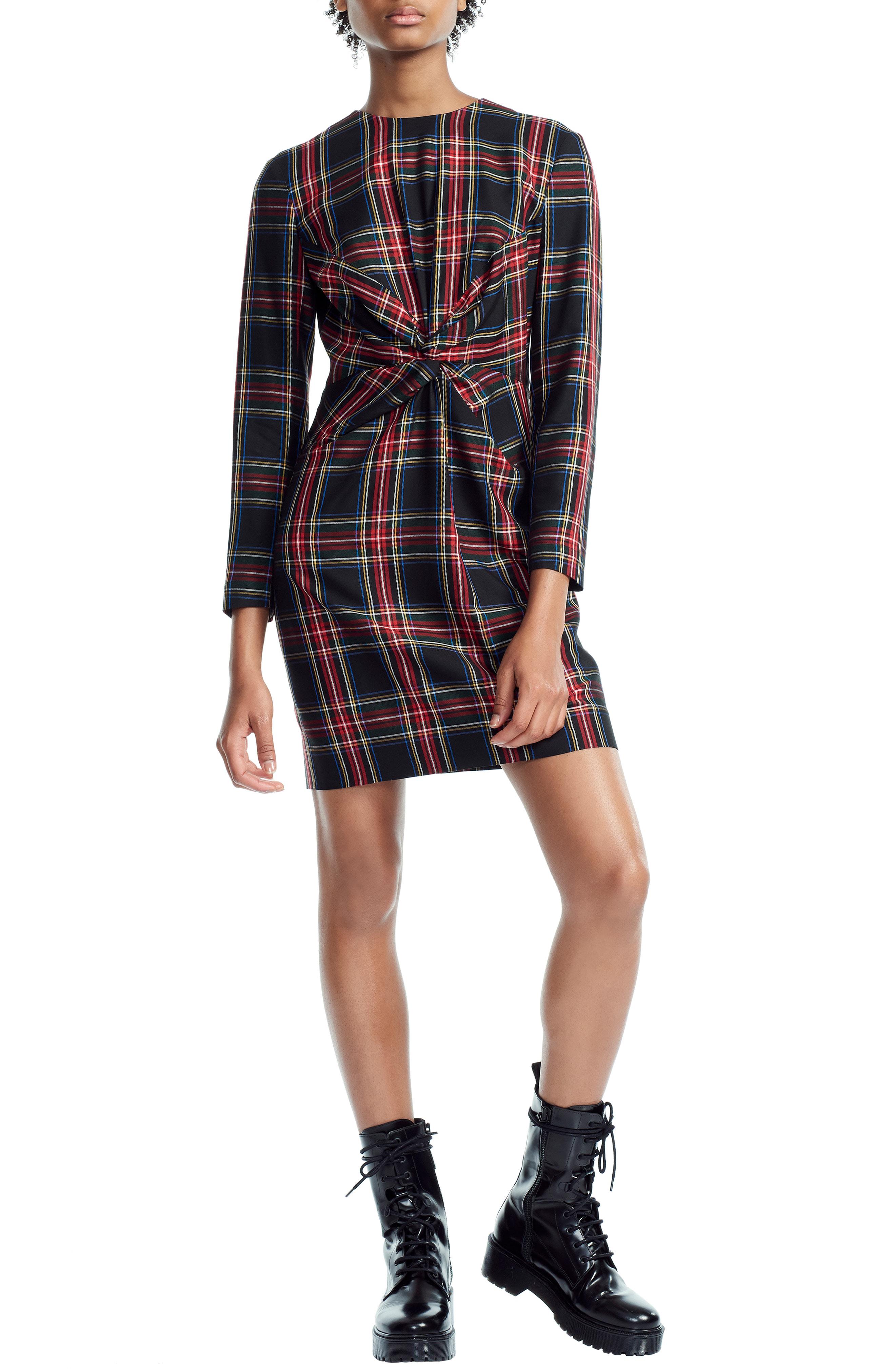 Maje Plaid Twist Front Dress in Checked 