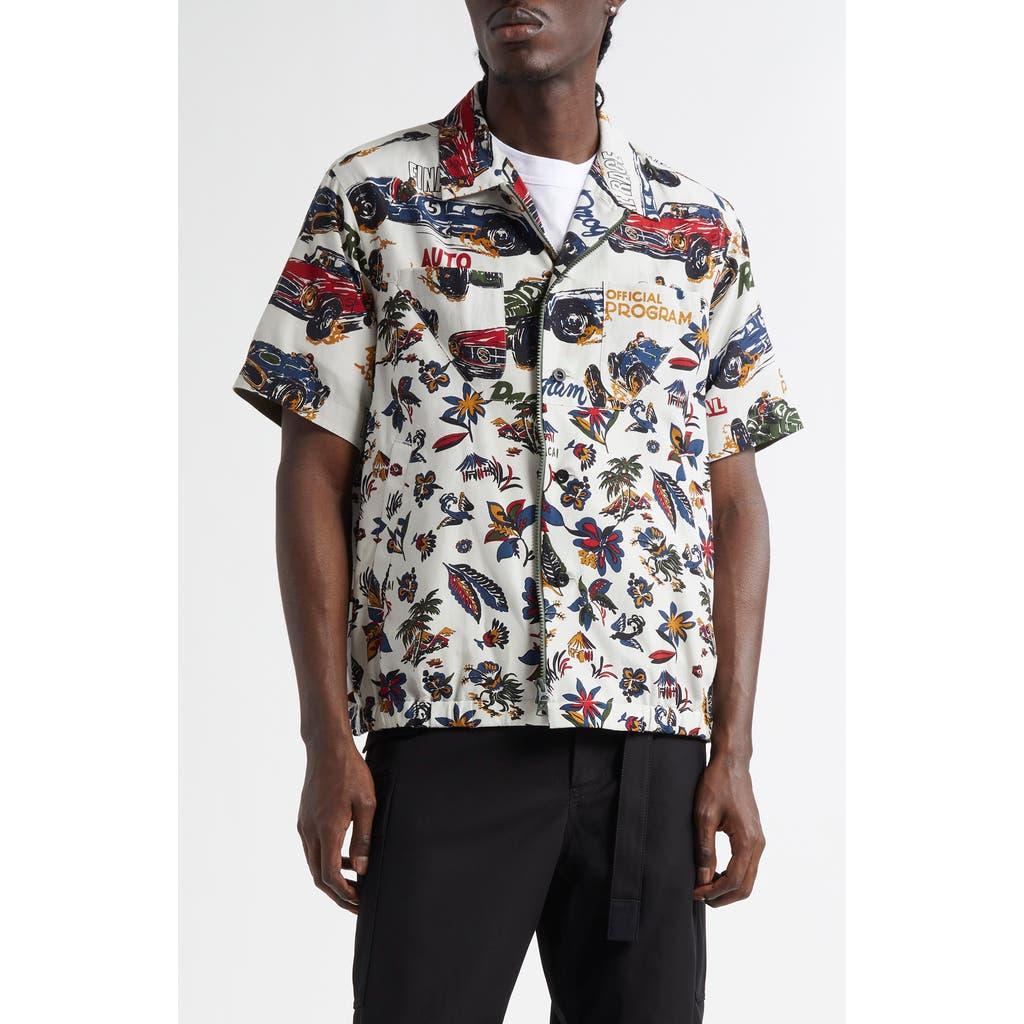 Sacai Car Race & Tropical Print Button-Up Shirt in Blue for Sacai Car Race & Tropical Print Button-Up Shirt in Blue for