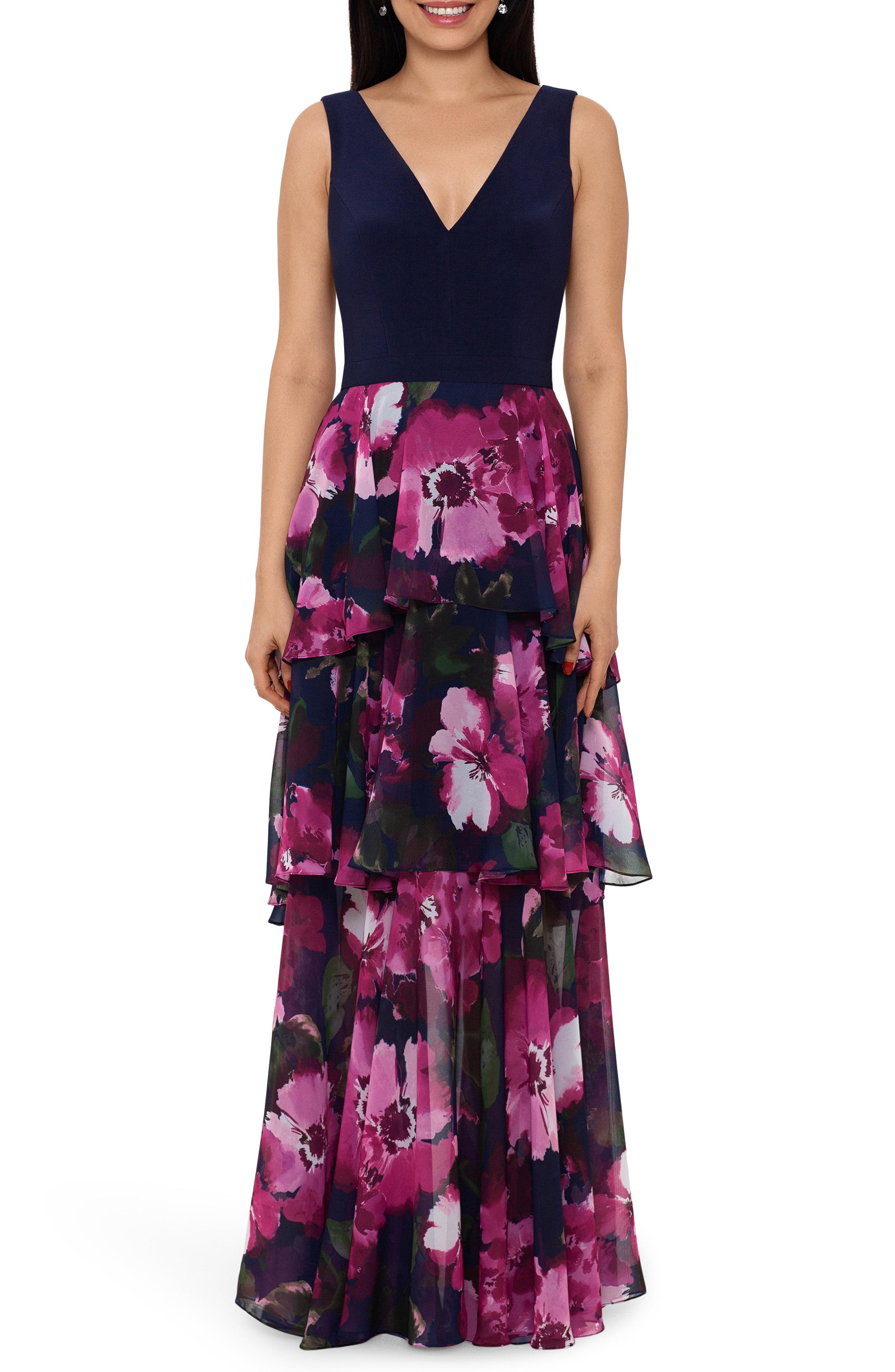 Xscape Floral Tiered Chiffon Gown in Navy/ Magenta (Blue) - Lyst