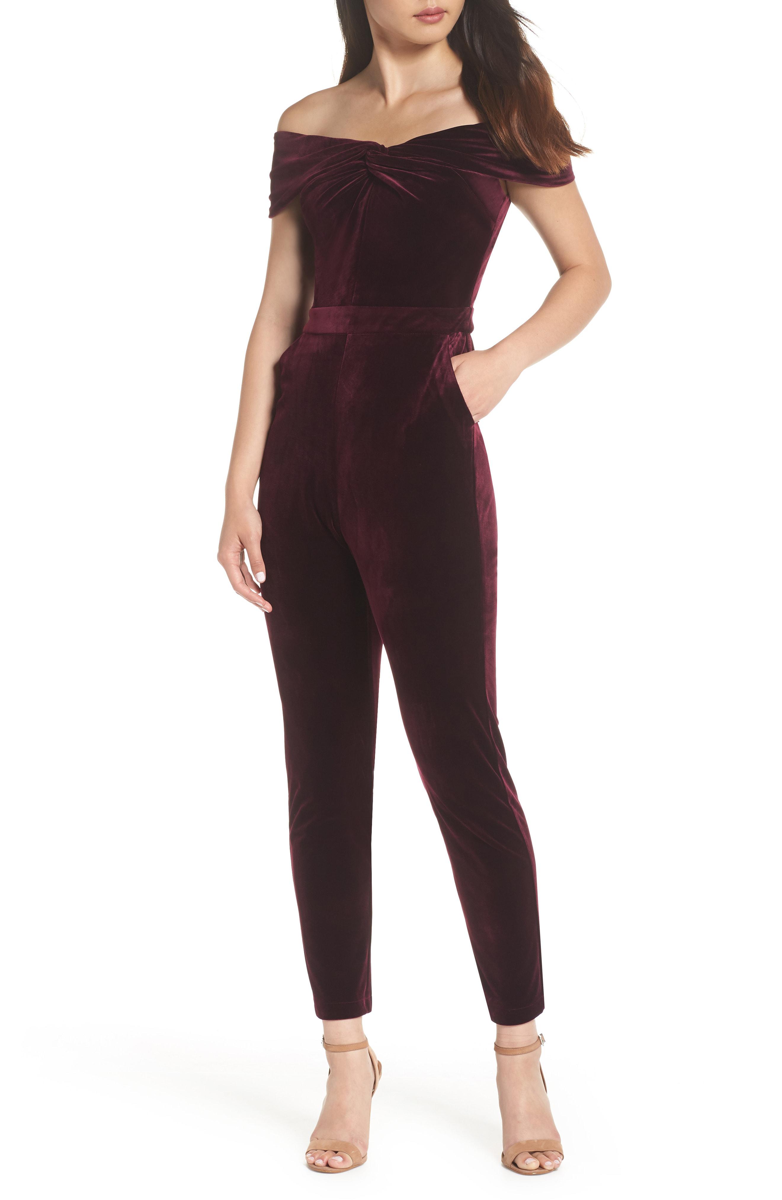 adelyn rae off the shoulder velvet jumpsuit