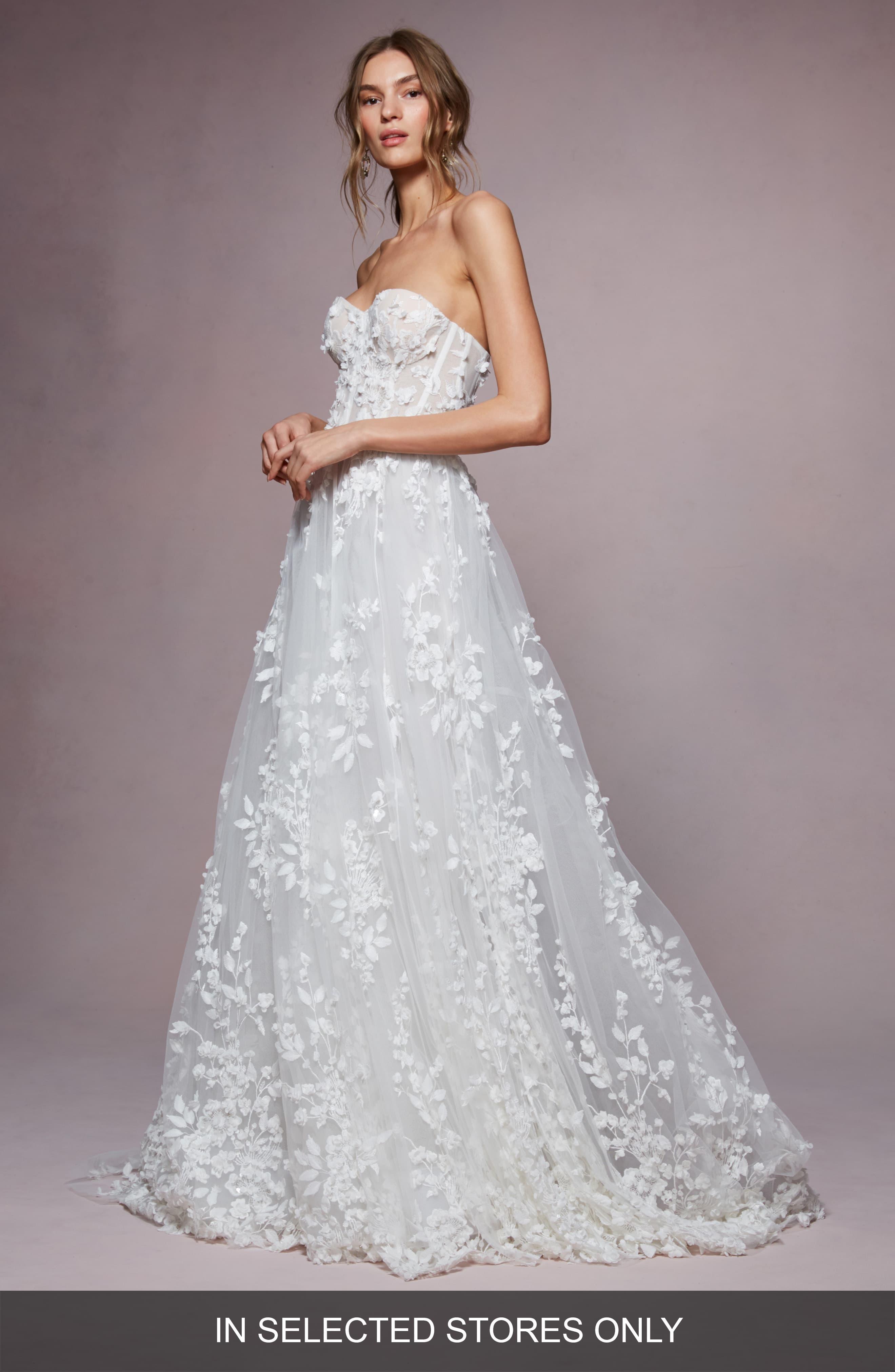Marchesa Notte Bailey 3d Floral Strapless A Line Wedding Dress In