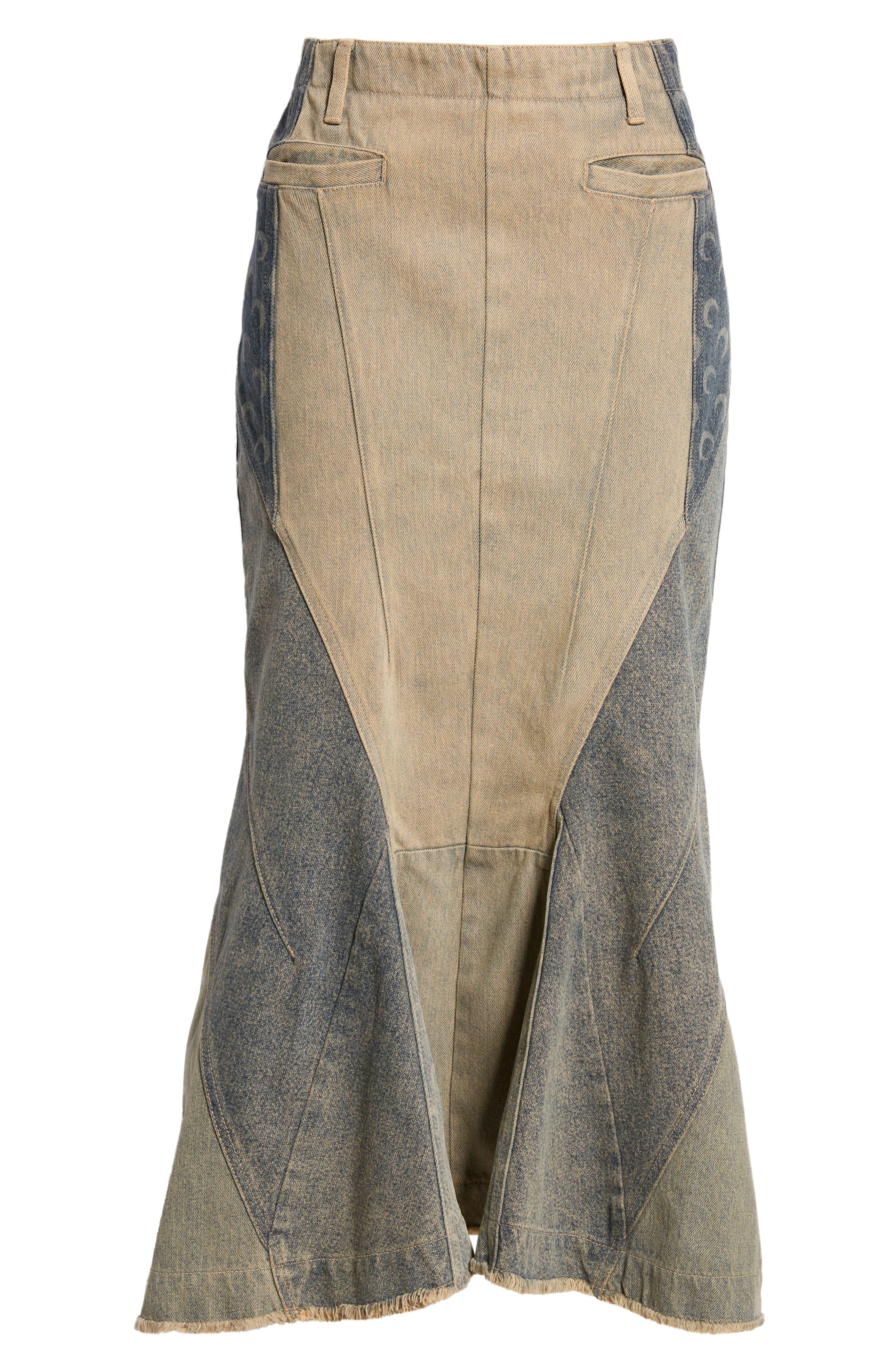 Monogram-print patchwork denim mini skirt, Marine Serre