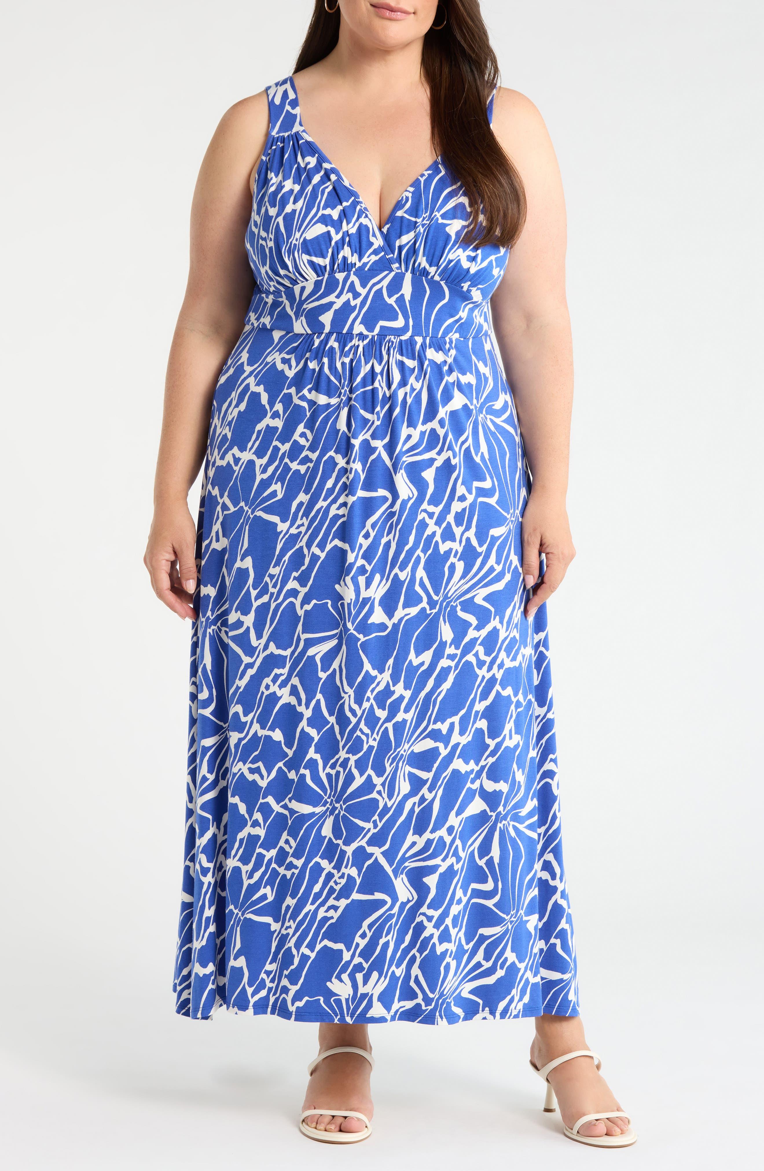 loveappella v neck jersey maxi dress Floral Sleeveless in Blue full abaya