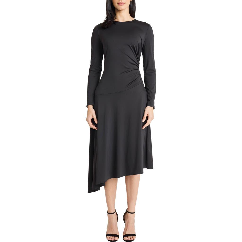 asymmetrical sheath dress maggy london ASYMMETRIC DRAPED BOAT NECK MIDI DRESS – Maggy London