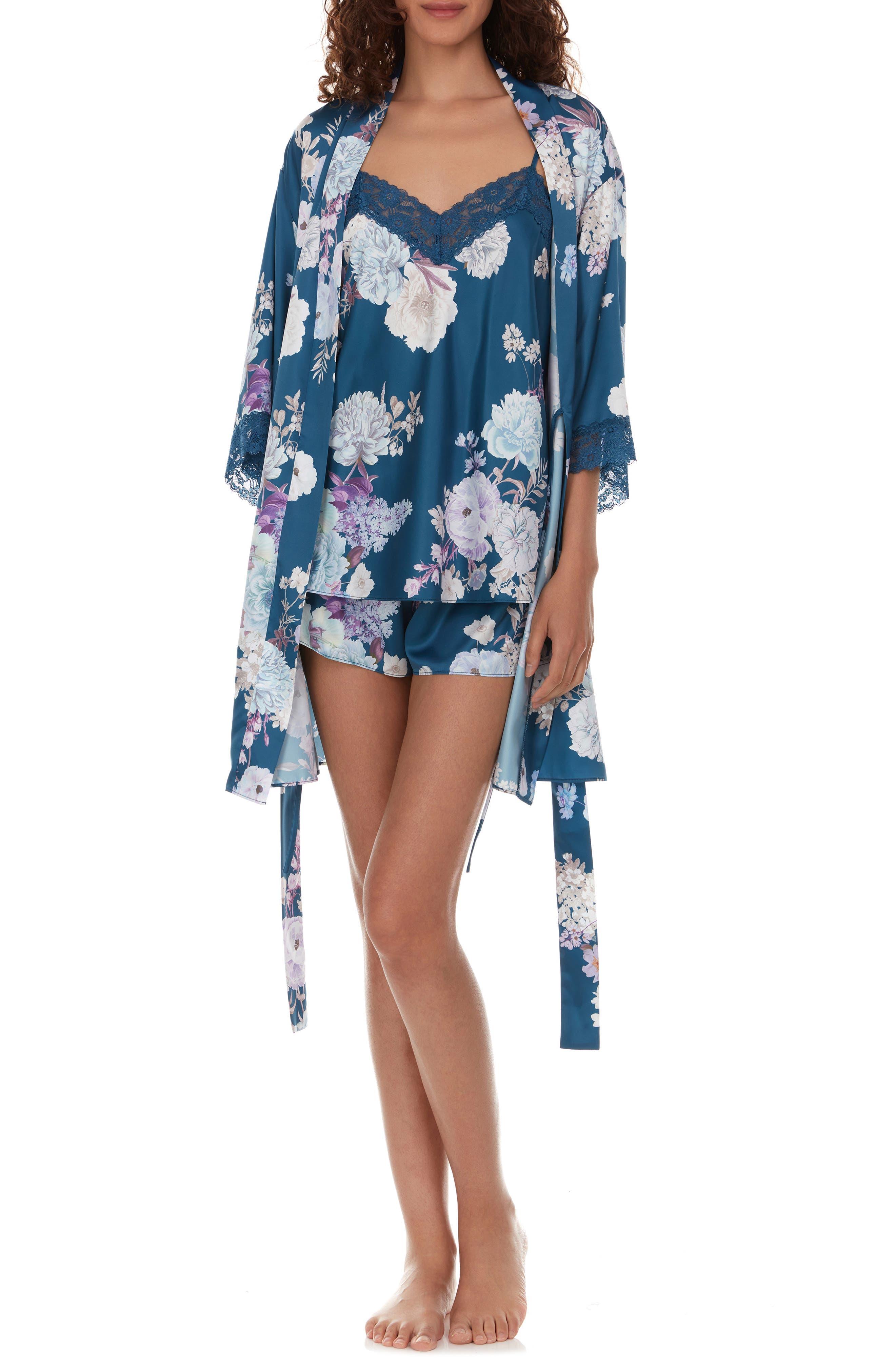Flora Nikrooz Sabrina Floral Print Satin Short Pajamas & Robe Set in
