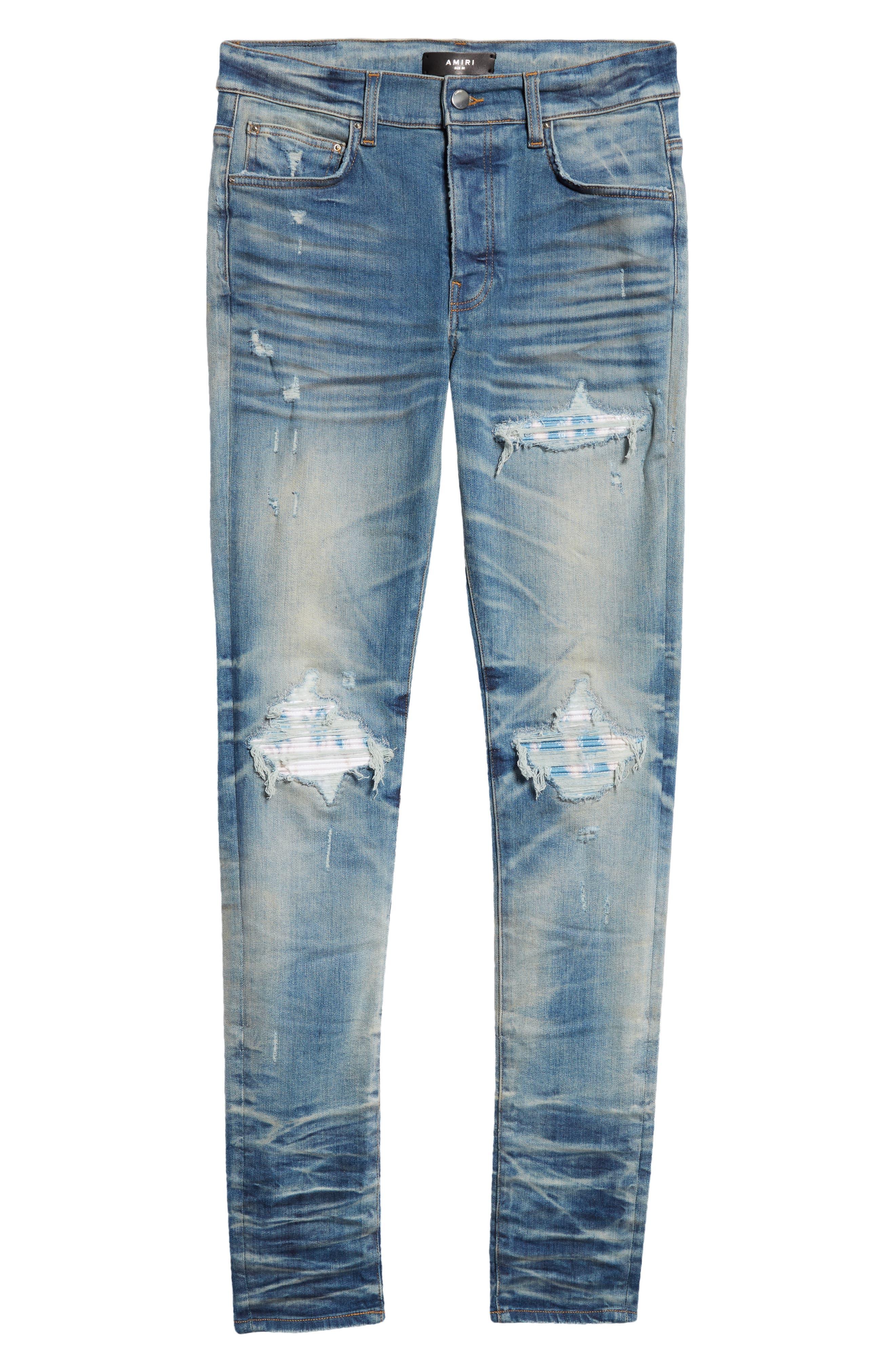 Amiri Mx1 Paisley Patch Ripped Stretch Skinny Jeans in Blue Amiri Mx1 Paisley Patch Ripped Stretch Skinny Jeans in Blue